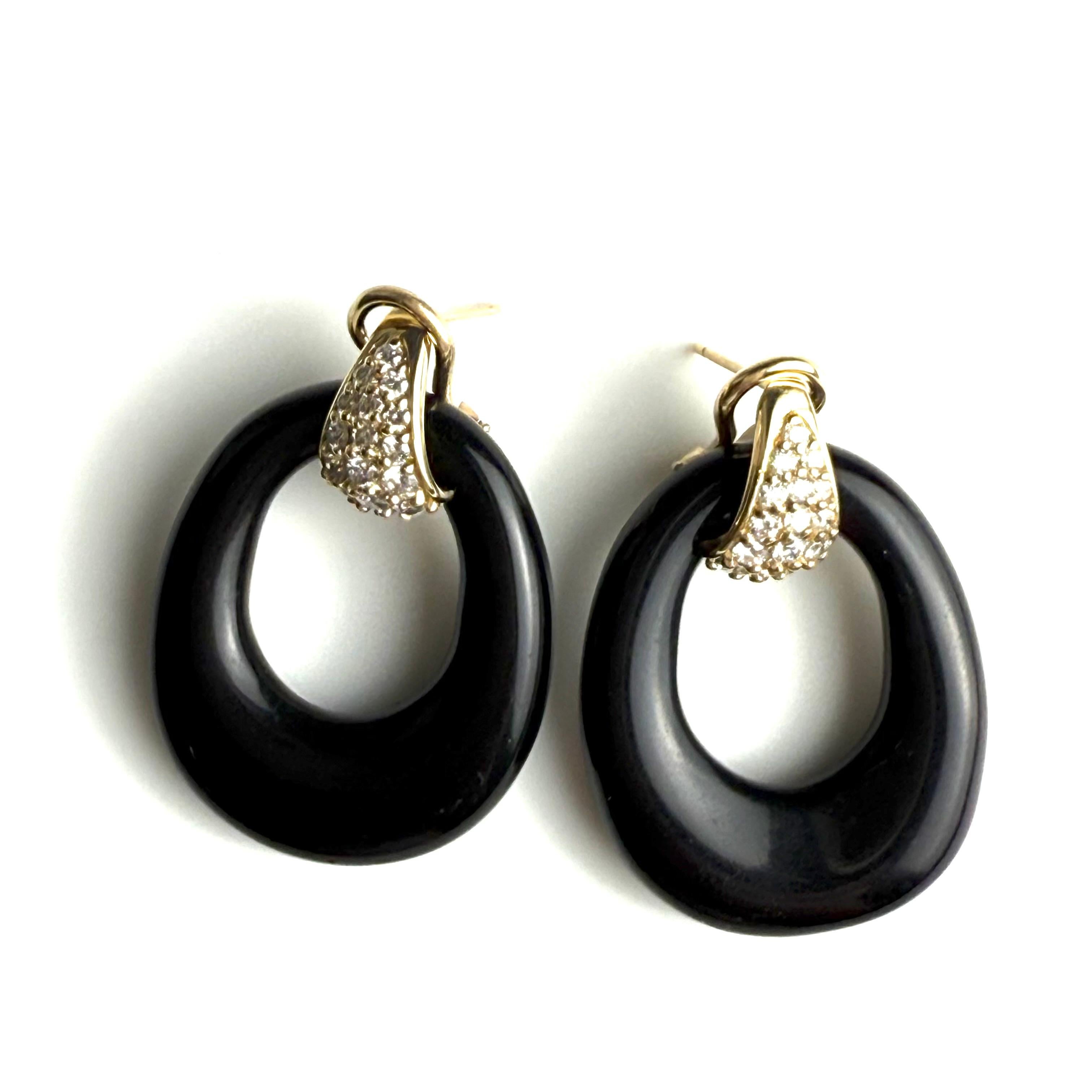 Boucles d'oreilles en or jaune 14K avec diamants et onyx sculpté, Door Knocker 1.5 Inch en vente 1