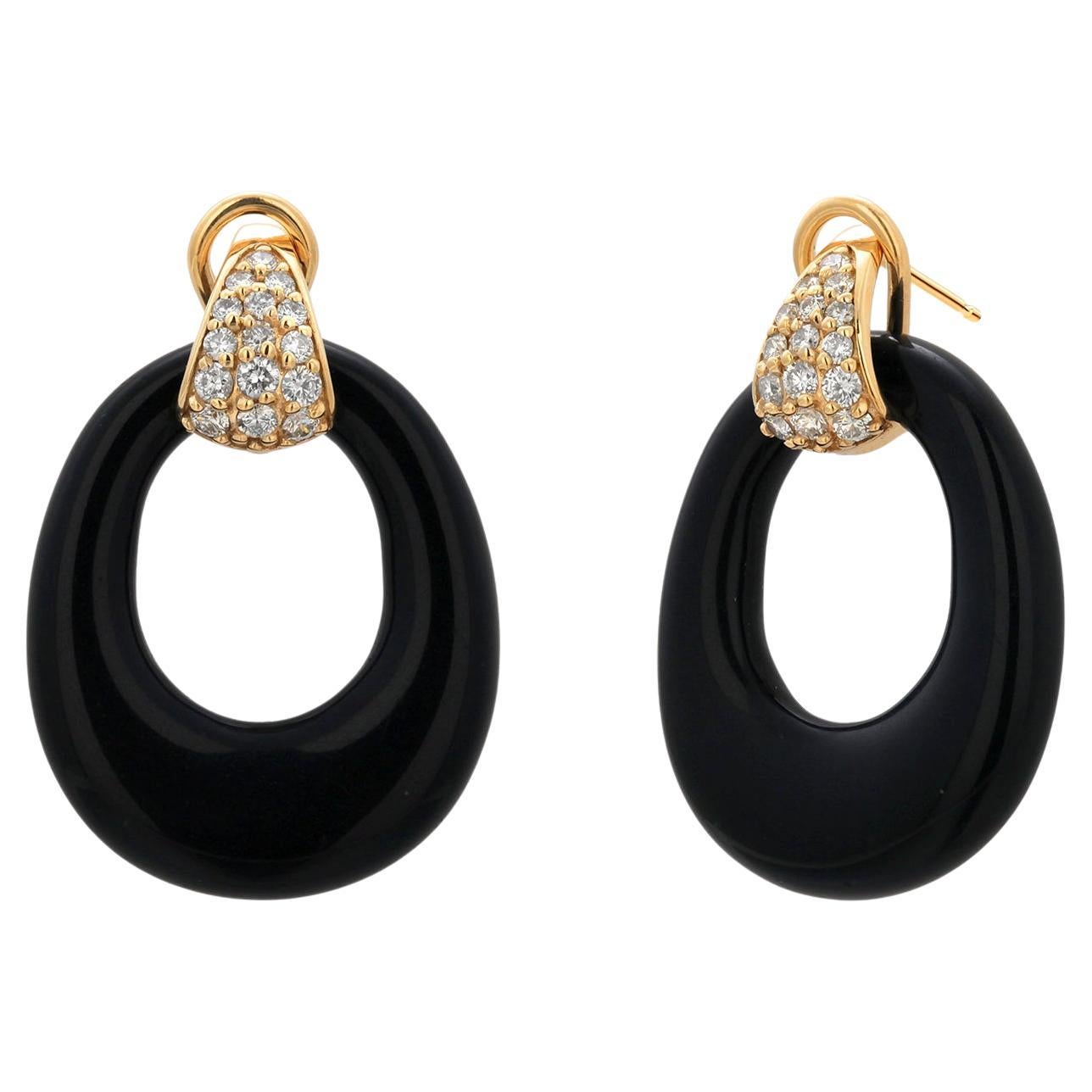 Orecchini in oro giallo 14K con diamante e onice intagliato a forma di cerchio da 1,5 pollici
