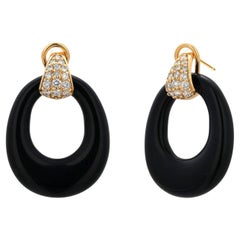 Orecchini in oro giallo 14K con diamante e onice intagliato a forma di cerchio da 1,5 pollici
