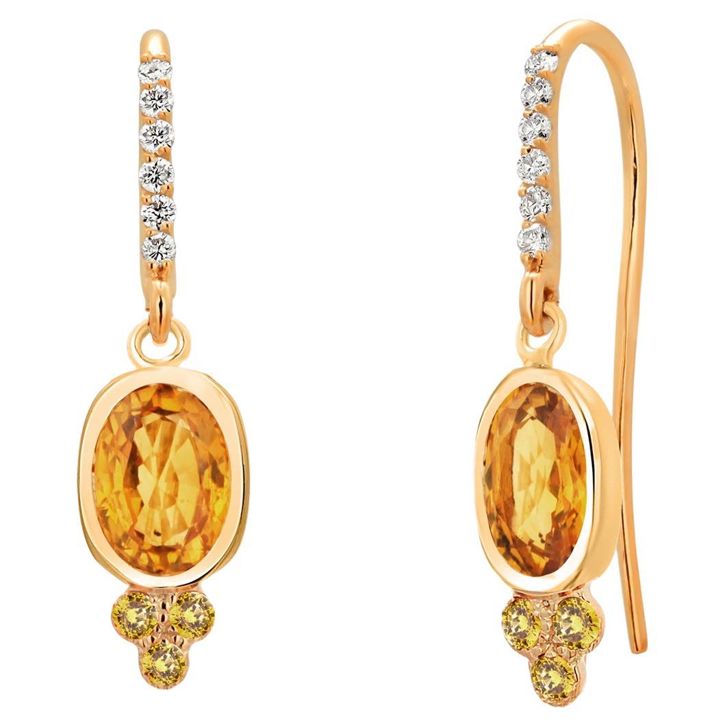 Pendientes de aro con diamantes y zafiro amarillo de Ceilán en oro amarillo de 14 quilates en venta
