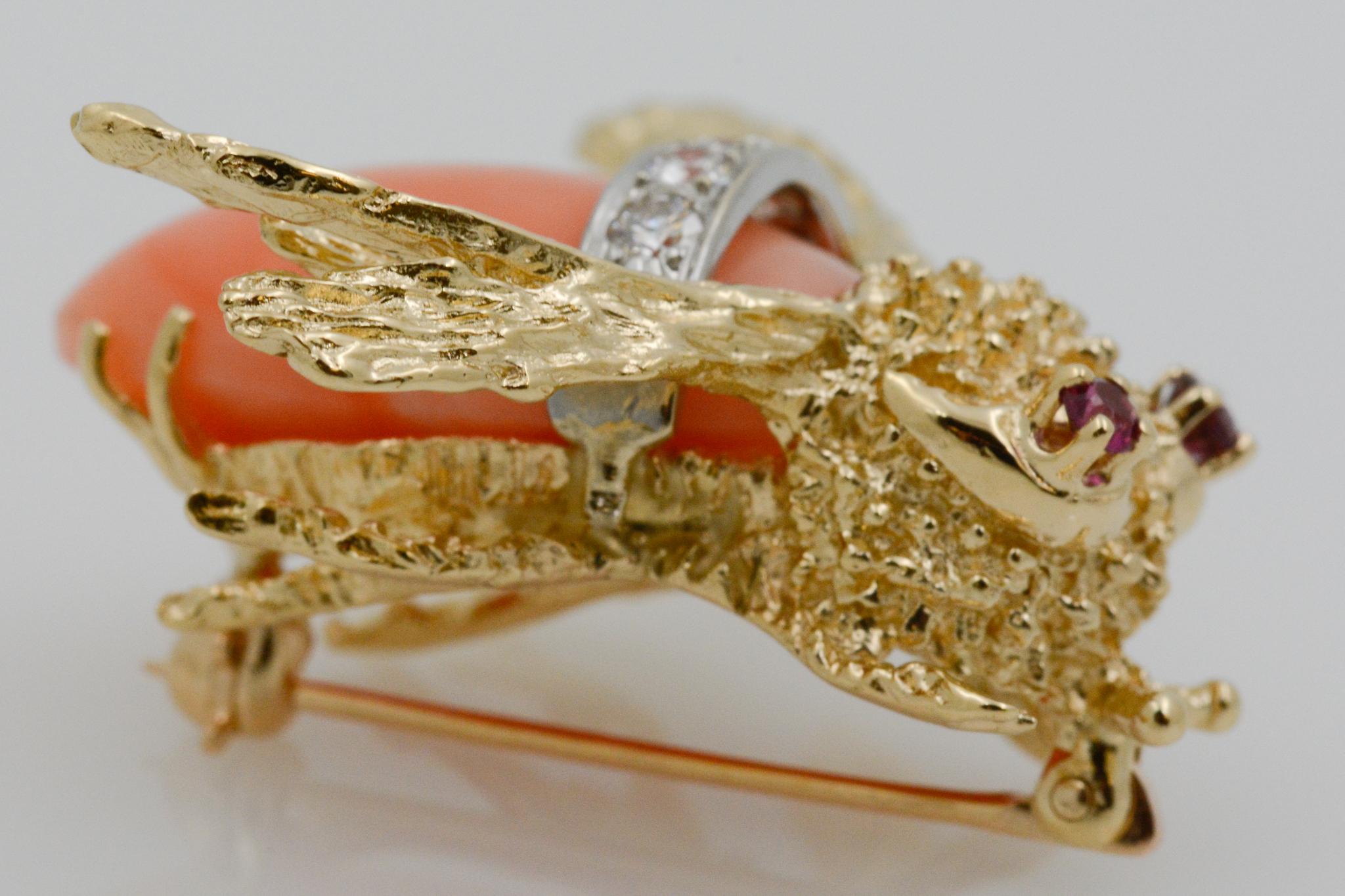 Women's 14 Karat Yellow Gold Diamond and Coral Bee Pin