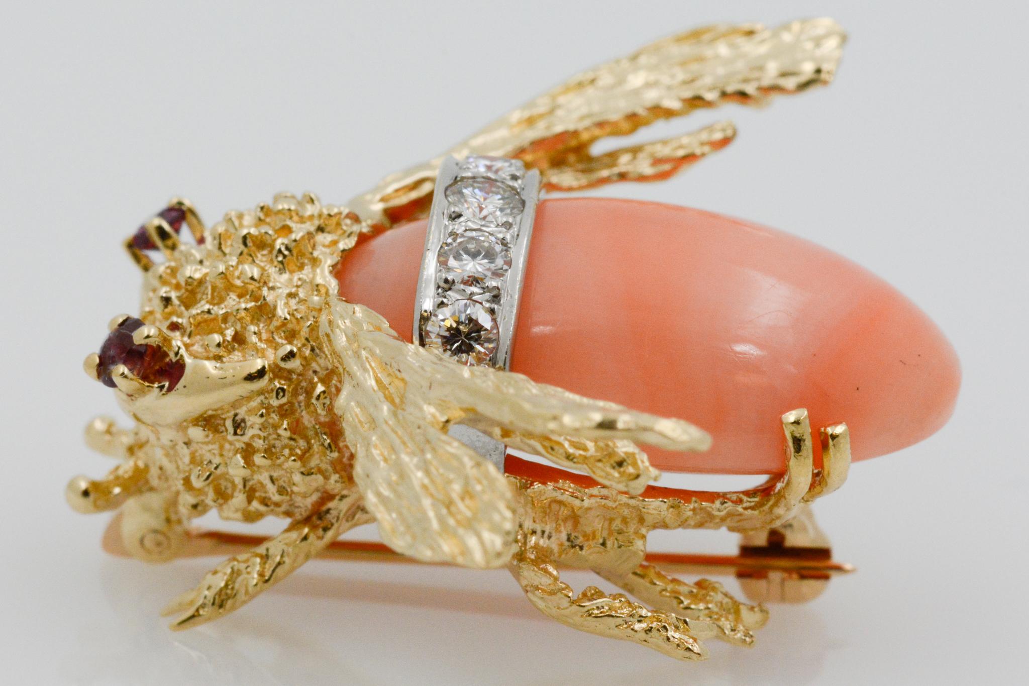 14 Karat Yellow Gold Diamond and Coral Bee Pin 1