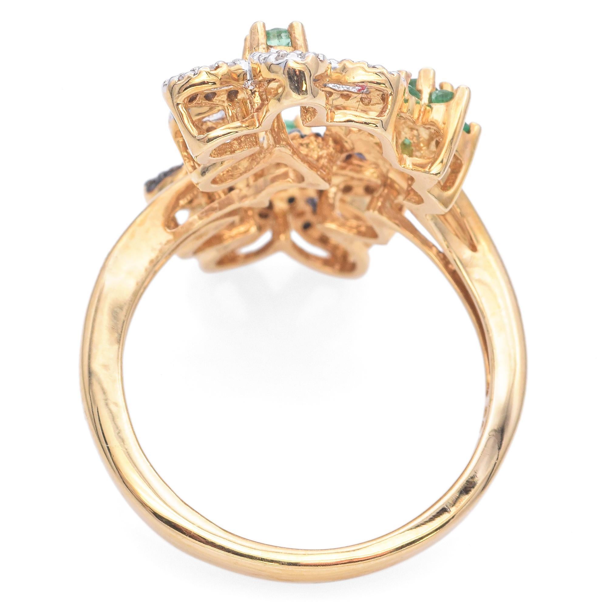 Round Cut 14K Yellow Gold Diamond and Emerald Floral Cocktail Ring For Sale