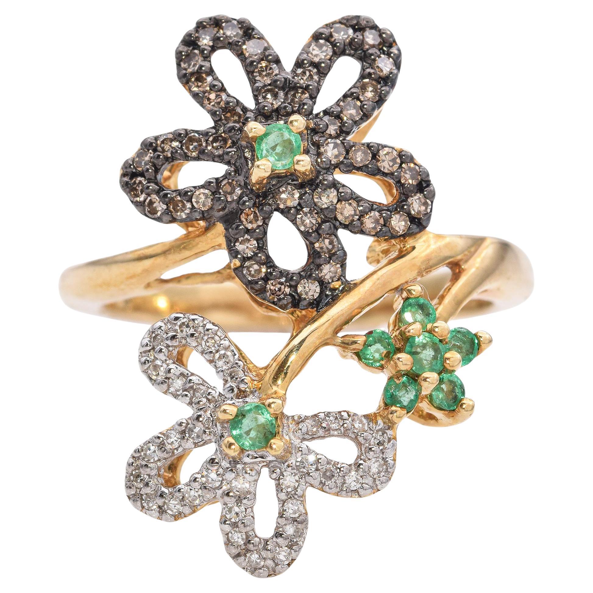 14K Yellow Gold Diamond and Emerald Floral Cocktail Ring For Sale