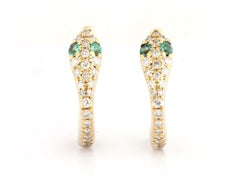 14KT Yellow Gold Diamond and Emerald Snake Huggie Hoop Earrings