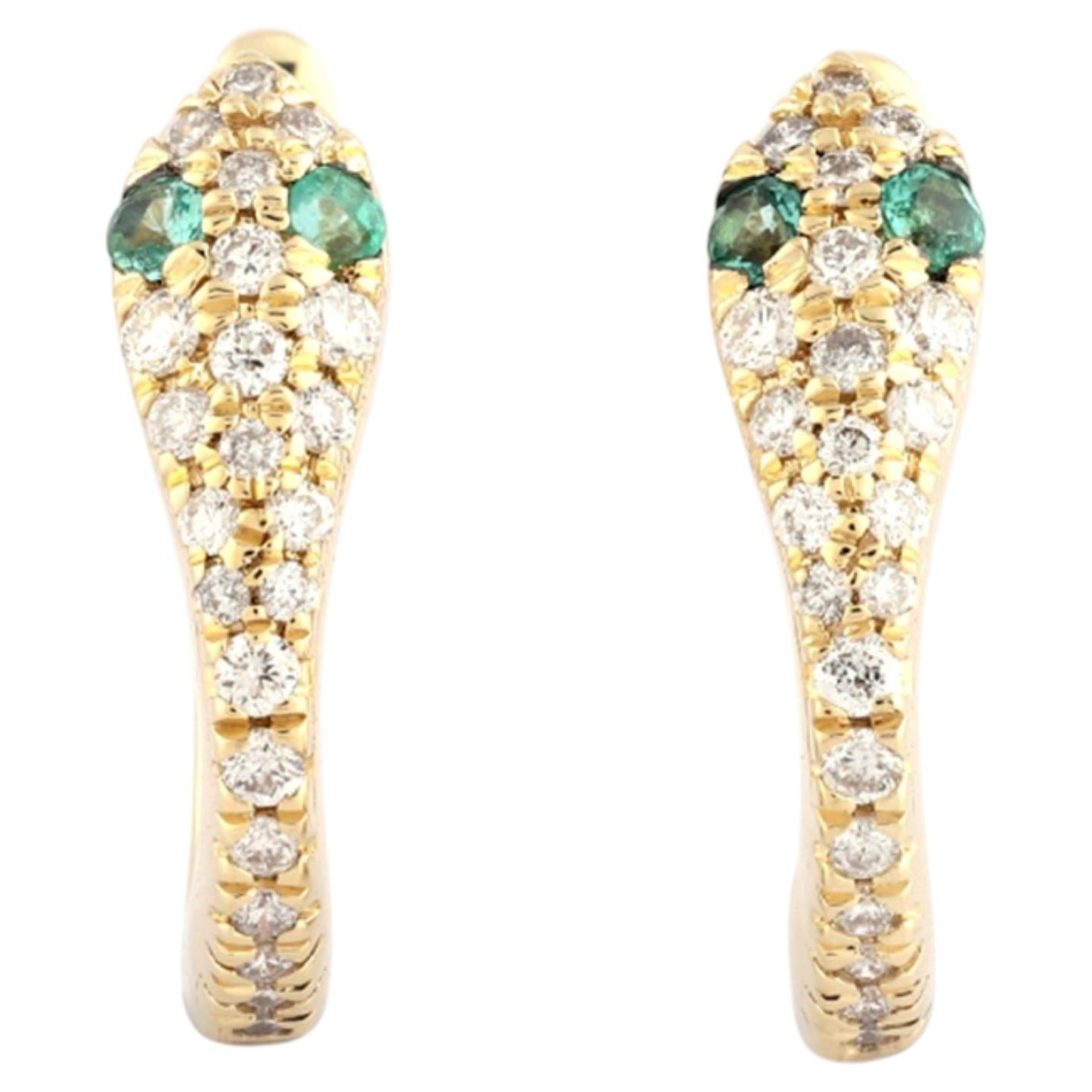 14KT Yellow Gold Diamond and Emerald Snake Huggie Hoop Earrings