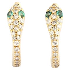 14KT Yellow Gold Diamond and Emerald Snake Huggie Hoop Earrings