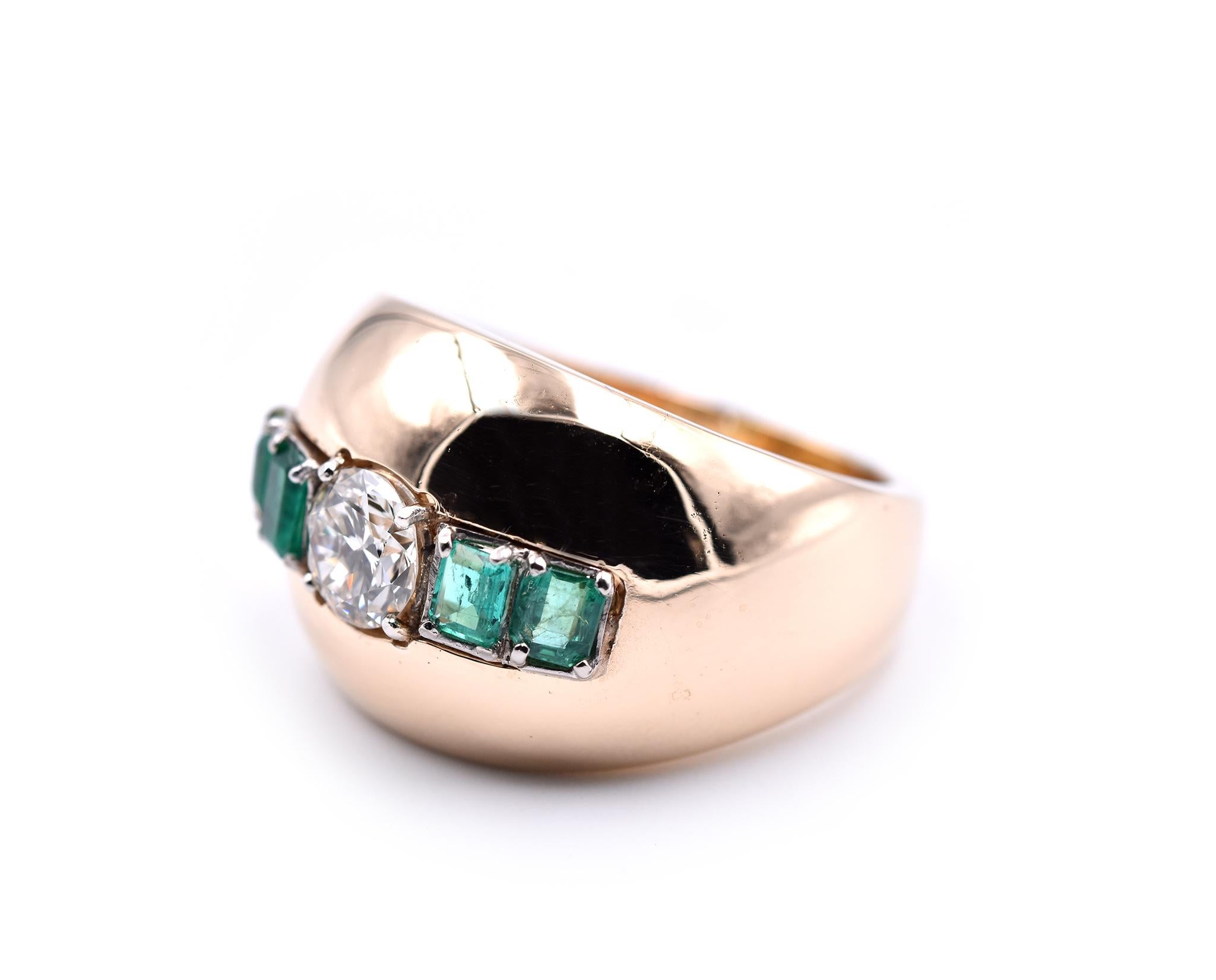 Round Cut 14 Karat Yellow Gold Diamond and Emerald Wide Domed Ring
