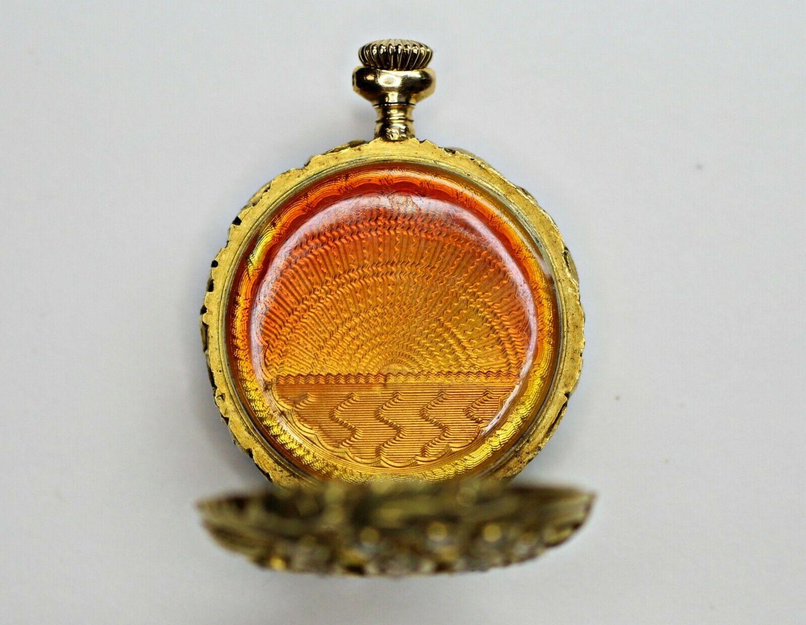 Round Cut 14 Karat Yellow Gold Diamond and Enamel Pocket Watch