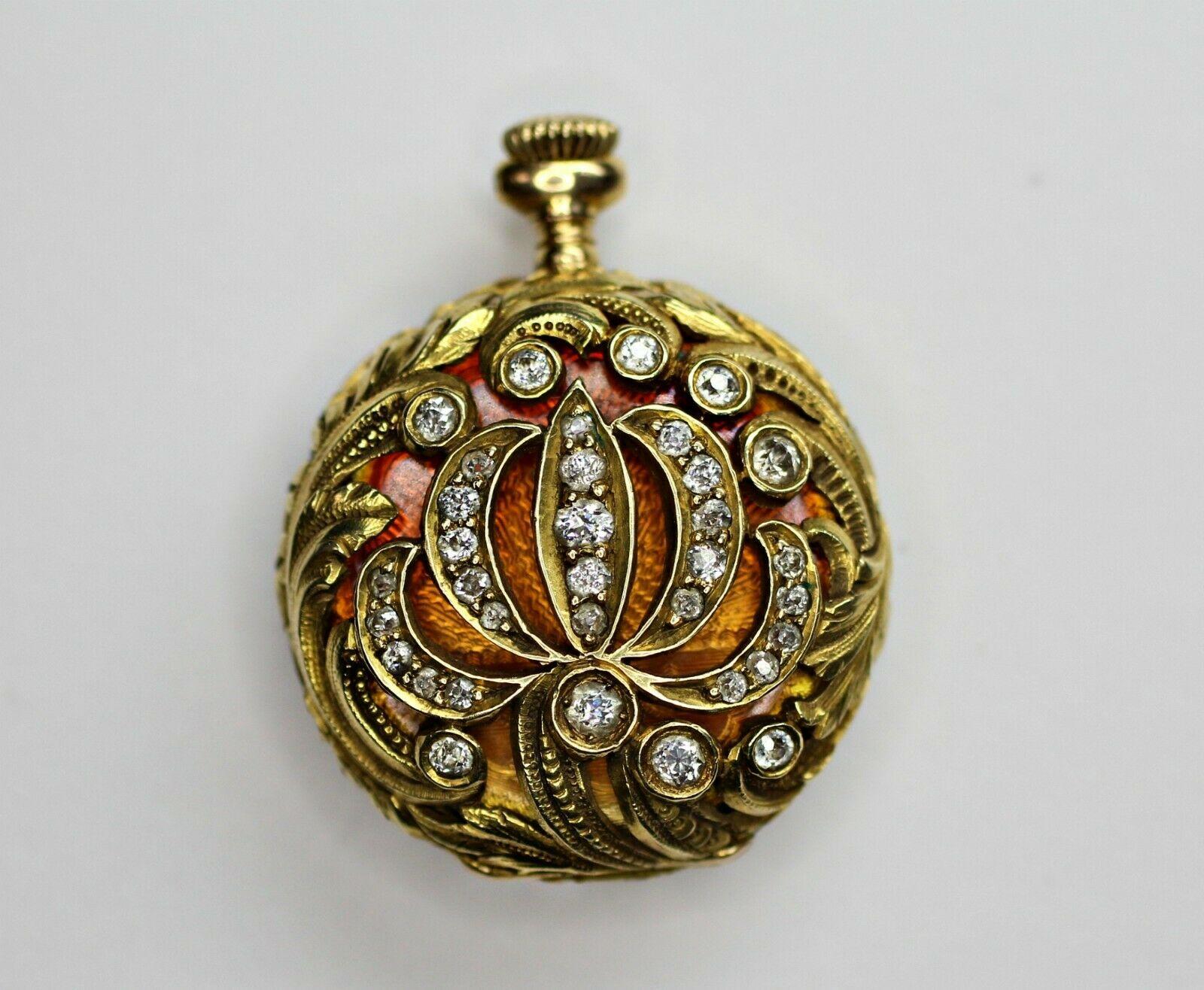 14 Karat Yellow Gold Diamond and Enamel Pocket Watch In Excellent Condition In Los Angeles, CA
