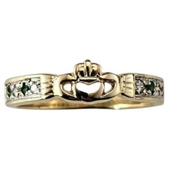 Bague Claddagh en or jaune 14K avec diamants et pierres vertes Taille 7.25 #23975