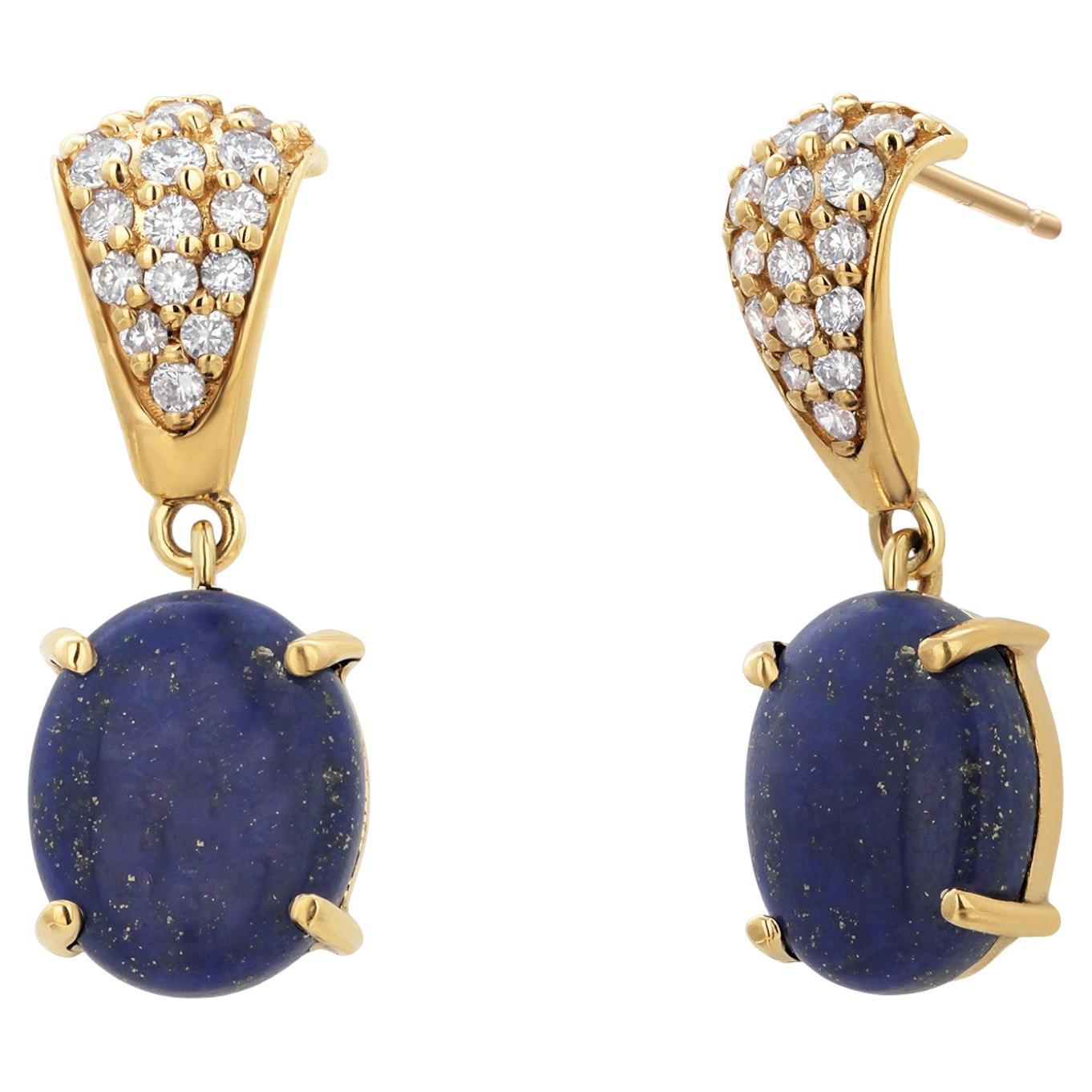 14K Yellow Gold Diamond and Lapis Lazuli Drop Dangle Earrings For Sale