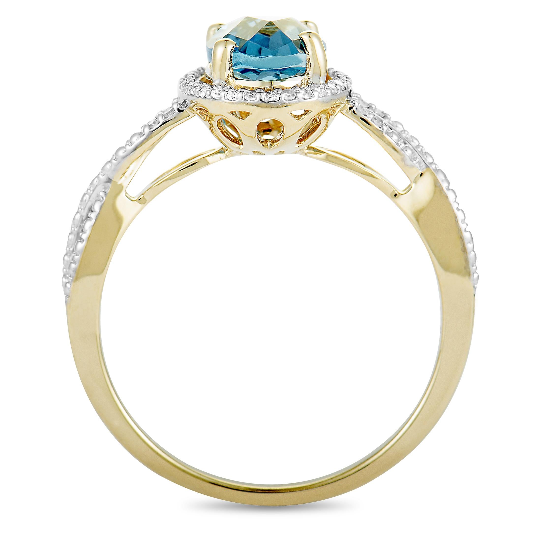 This ring is made of 14K yellow gold and weighs 2.9 grams. It is set with a London topaz and a total of 0.10 carats of diamonds. The ring boasts band thickness of 1 mm and top height of 7 mm, with top dimensions measuring 20 by 10 mm.
 
 Offered in