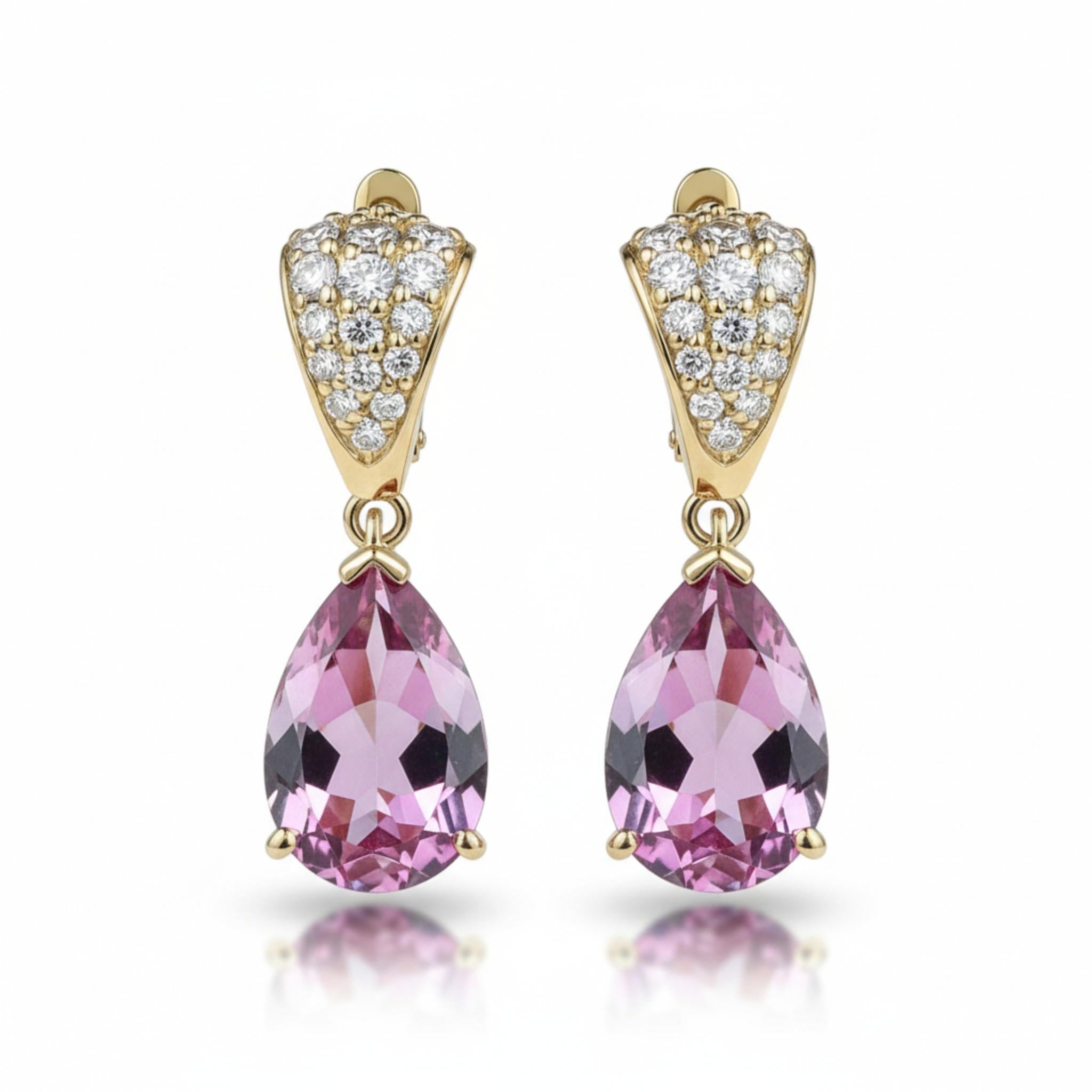14K Yellow Gold Diamond and Natural Pink Topaz Dangle Earrings im Angebot 2