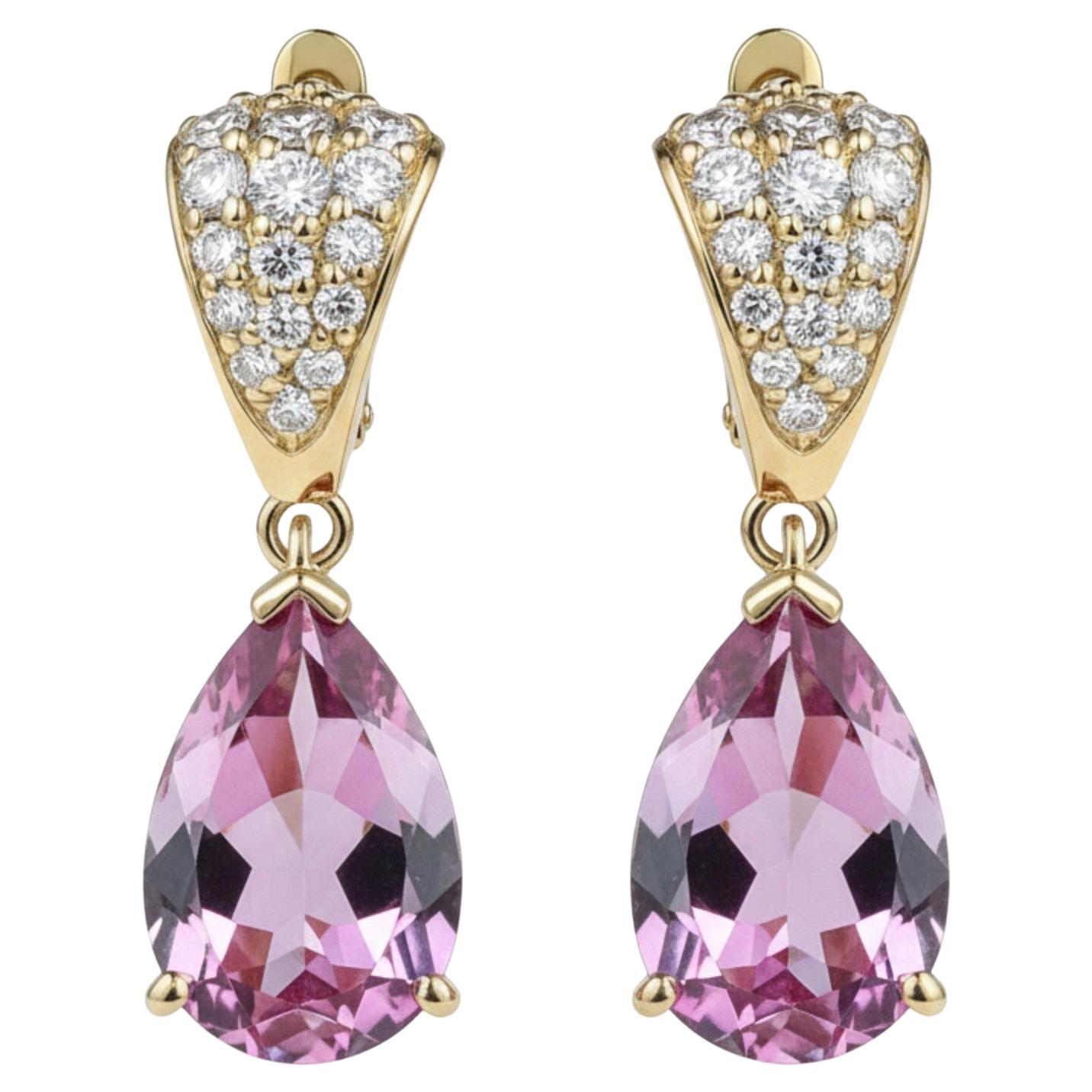 14K Yellow Gold Diamond and Natural Pink Topaz Dangle Earrings