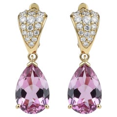14K Yellow Gold Diamond and Natural Pink Topaz Dangle Earrings
