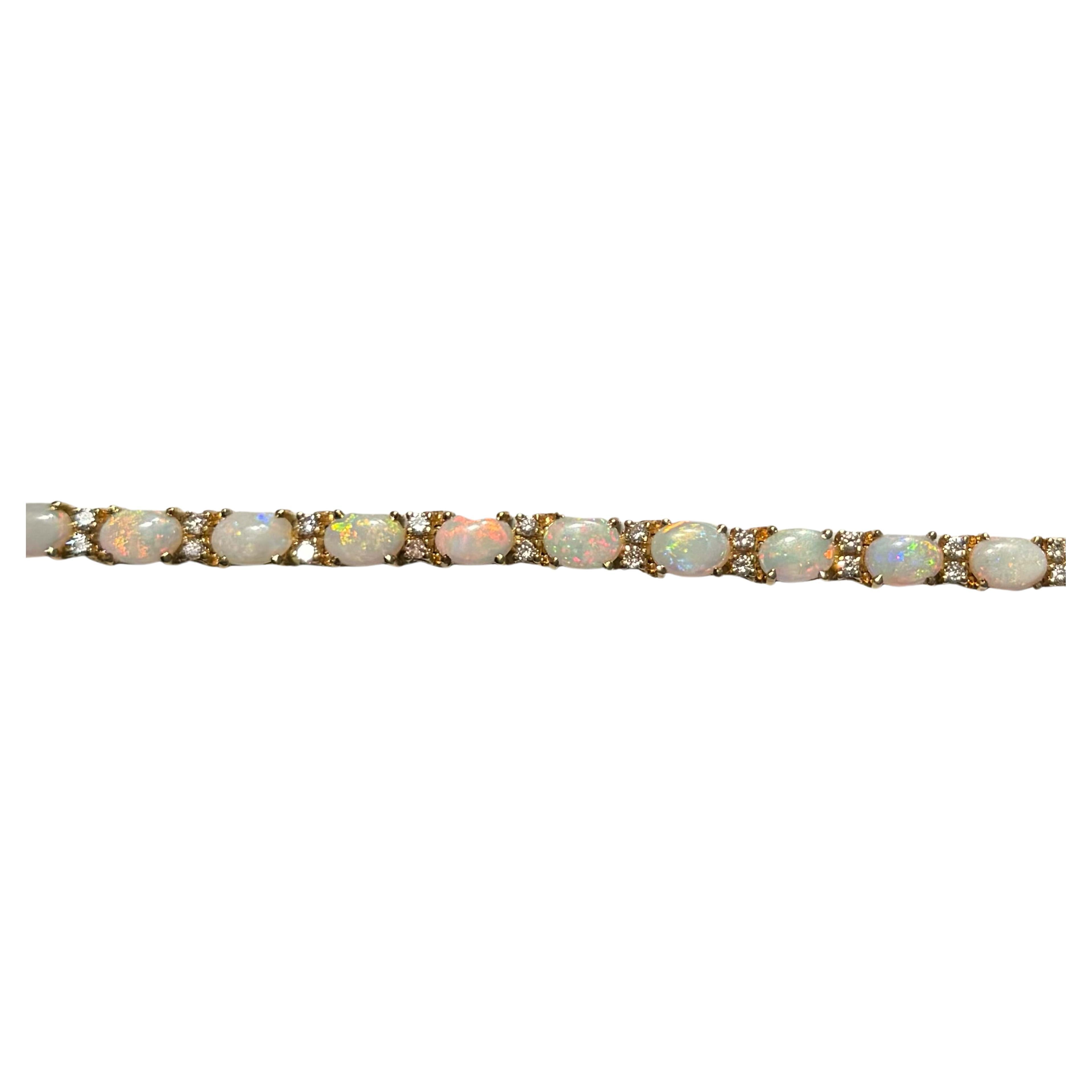 Modern 14k Yellow Gold Diamond and Opal Tennis Bracelet For Sale