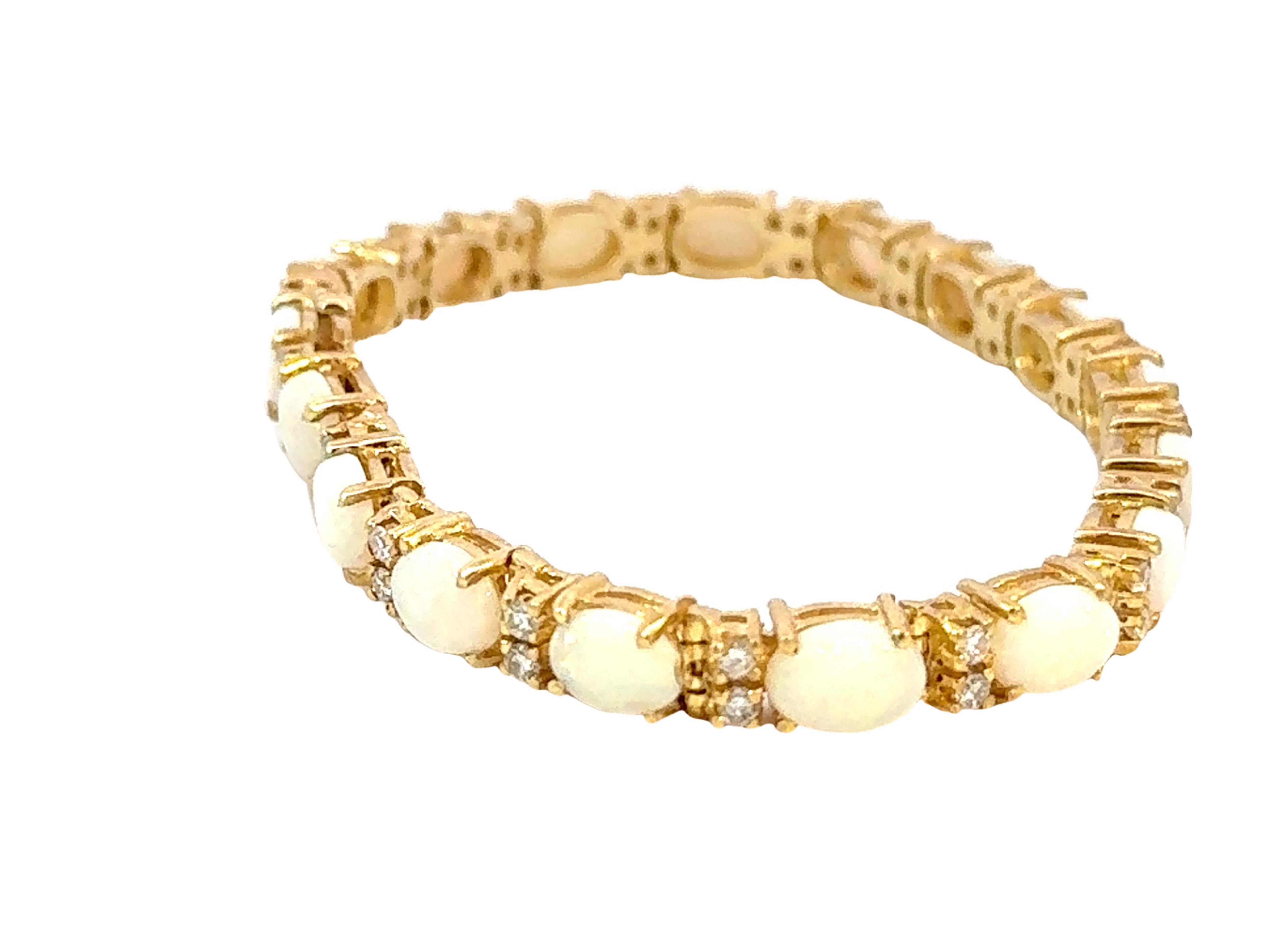 Women's 14k Yellow Gold Diamond and Opal Tennis Bracelet For Sale