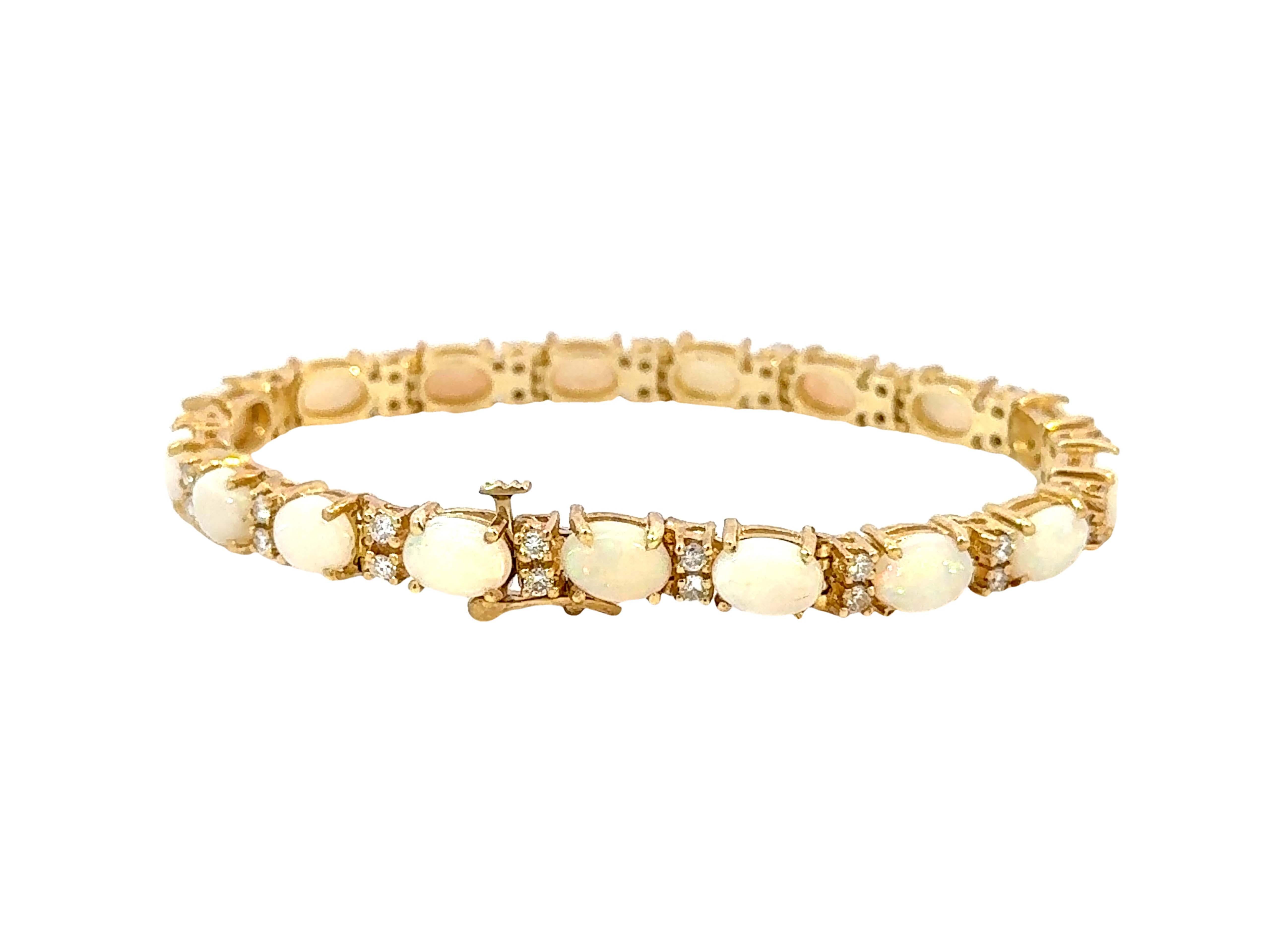14k Yellow Gold Diamond and Opal Tennis Bracelet For Sale 2