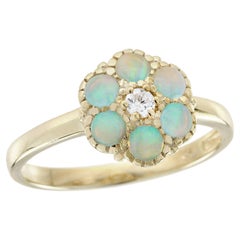 14K Yellow Gold Diamond and Opal Vintage Style Cluster Ring