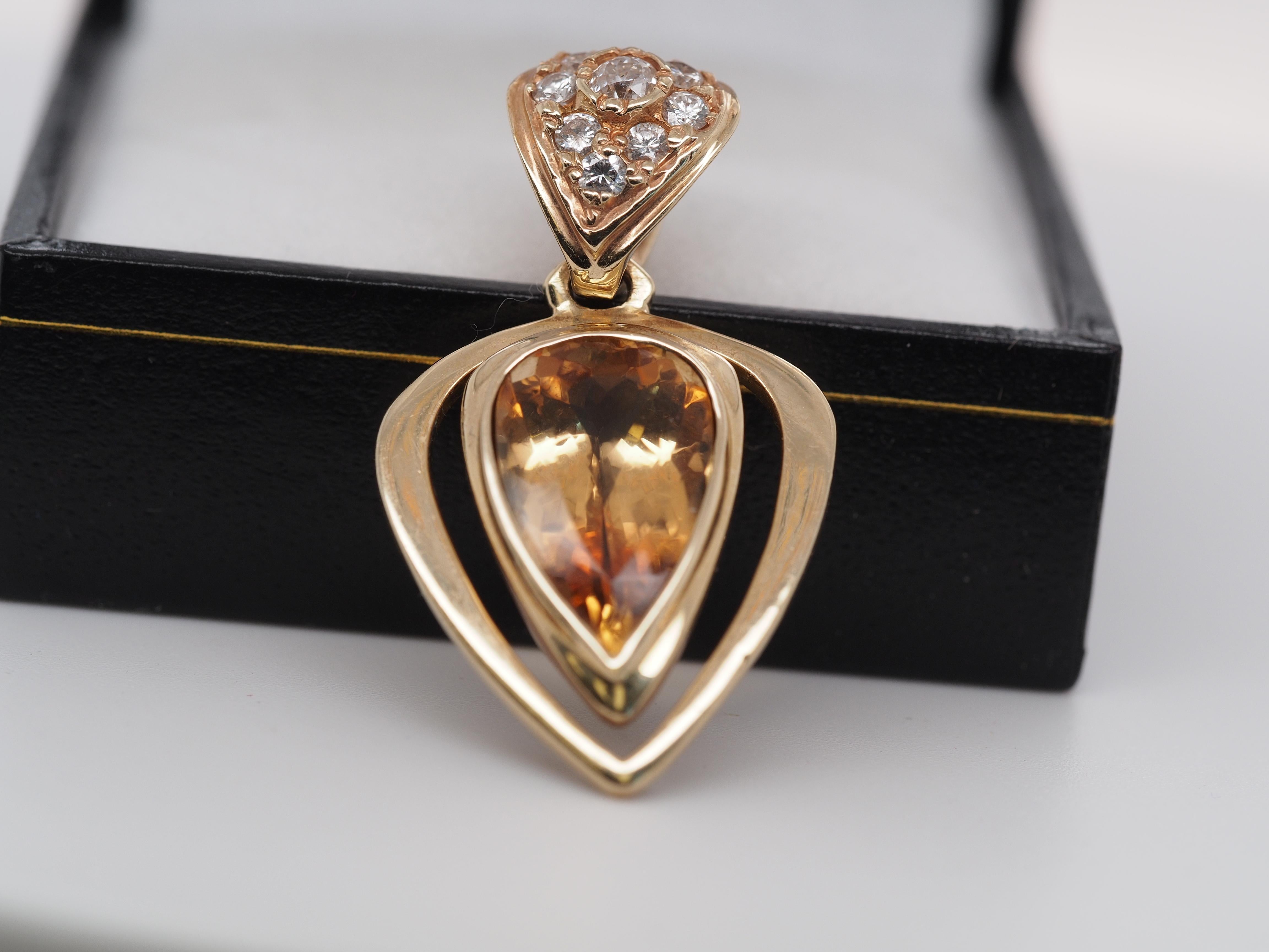 Item Details:
Metal Type: 14K Yellow Gold [Hallmarked, and Tested]
Weight: 6.8 grams
Citrine Details:
Shape: Pear
Size: 3ct
Diamond Details: Round Brilliant, .30ct total weight, F-G Color, VS Clarity
Condition: Excellent