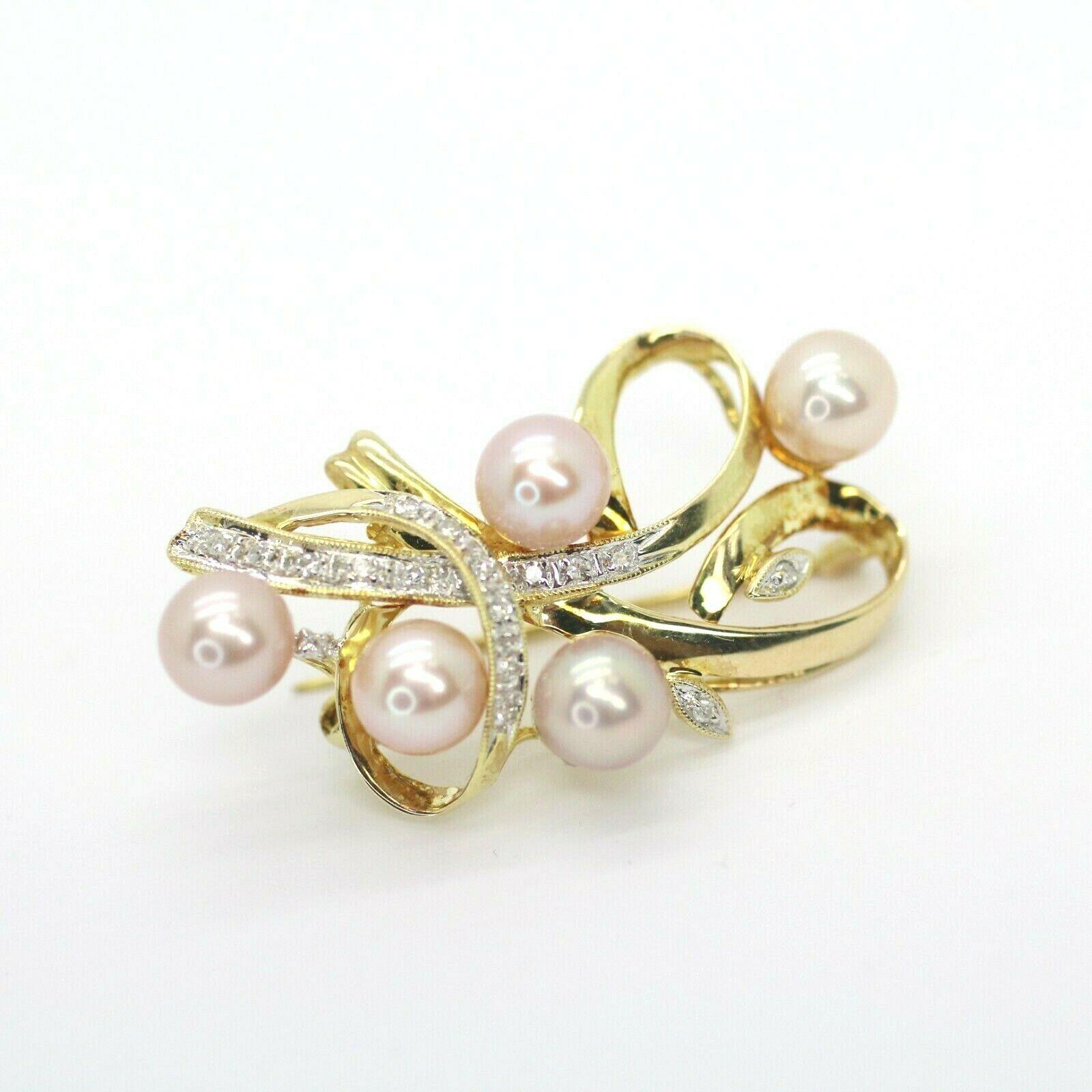 Contemporary 14k Yellow Gold Diamond and Pearl Brooch/Pin