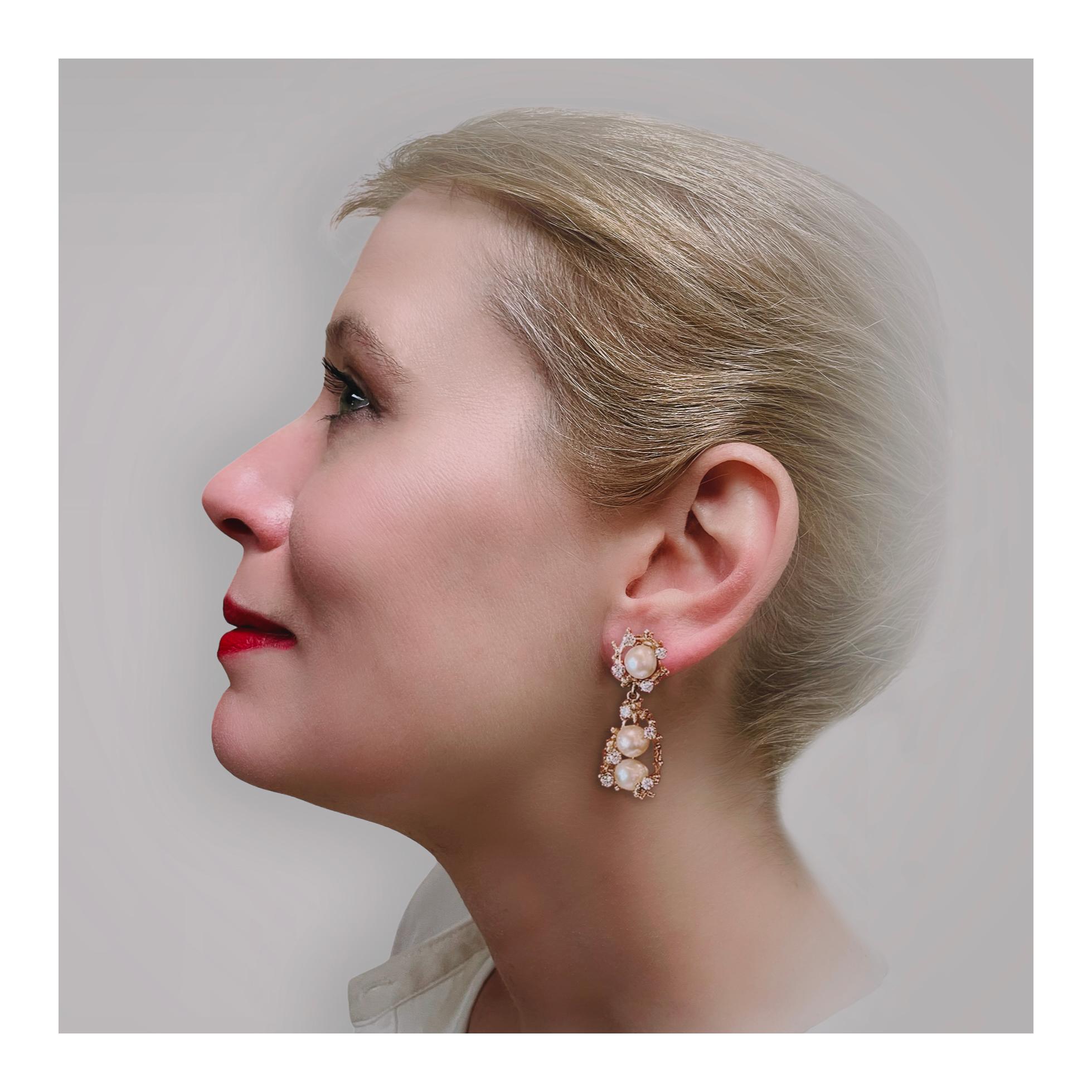 Women's 14K Yellow Gold Diamond and Pearl Dangle Earrings For Sale