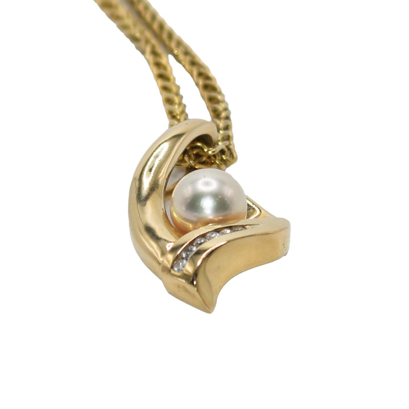 14K Yellow Gold Diamond and Pearl Necklace In Excellent Condition For Sale In Laguna Beach, CA
