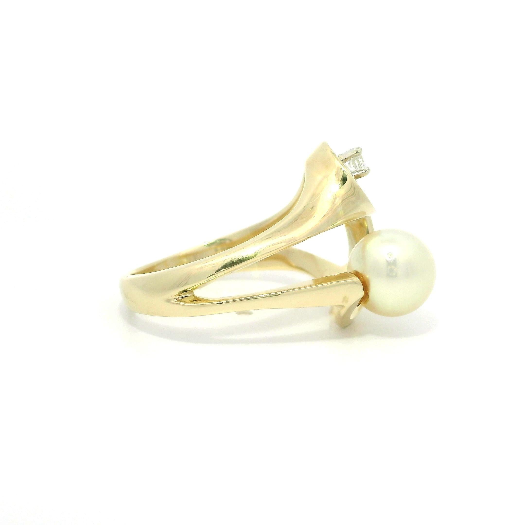Bague ouverte abstraite en or jaune 14k, diamants et perles, finition polie en vente 5