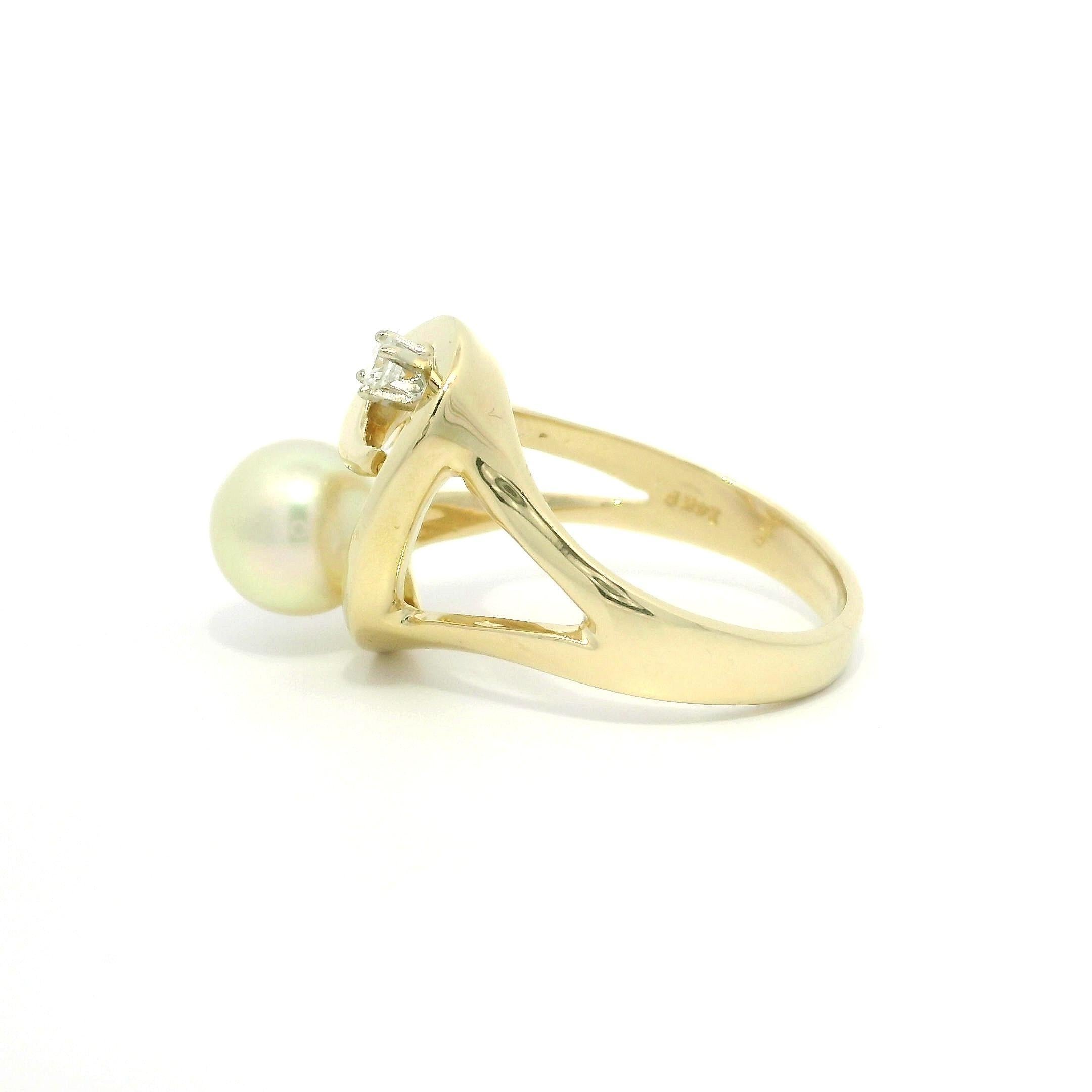 Bague ouverte abstraite en or jaune 14k, diamants et perles, finition polie en vente 7
