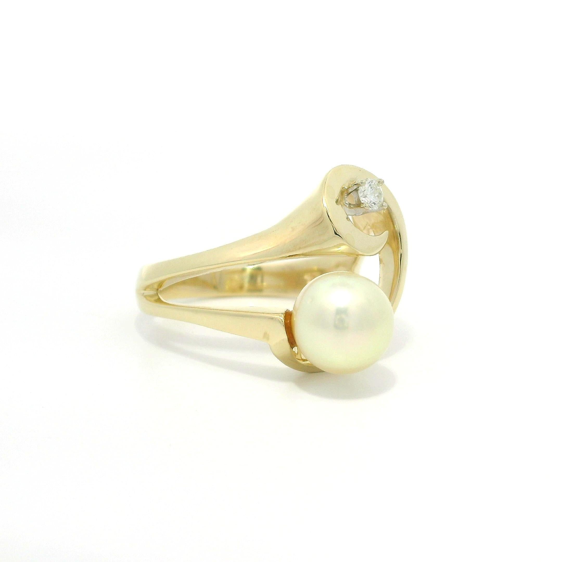 Bague ouverte abstraite en or jaune 14k, diamants et perles, finition polie en vente 4