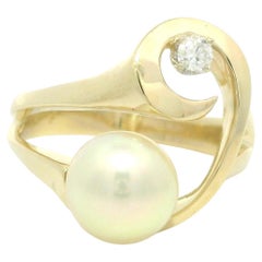 14k Yellow Gold Diamond and Pearl Polished Finish Abstract Open Ring