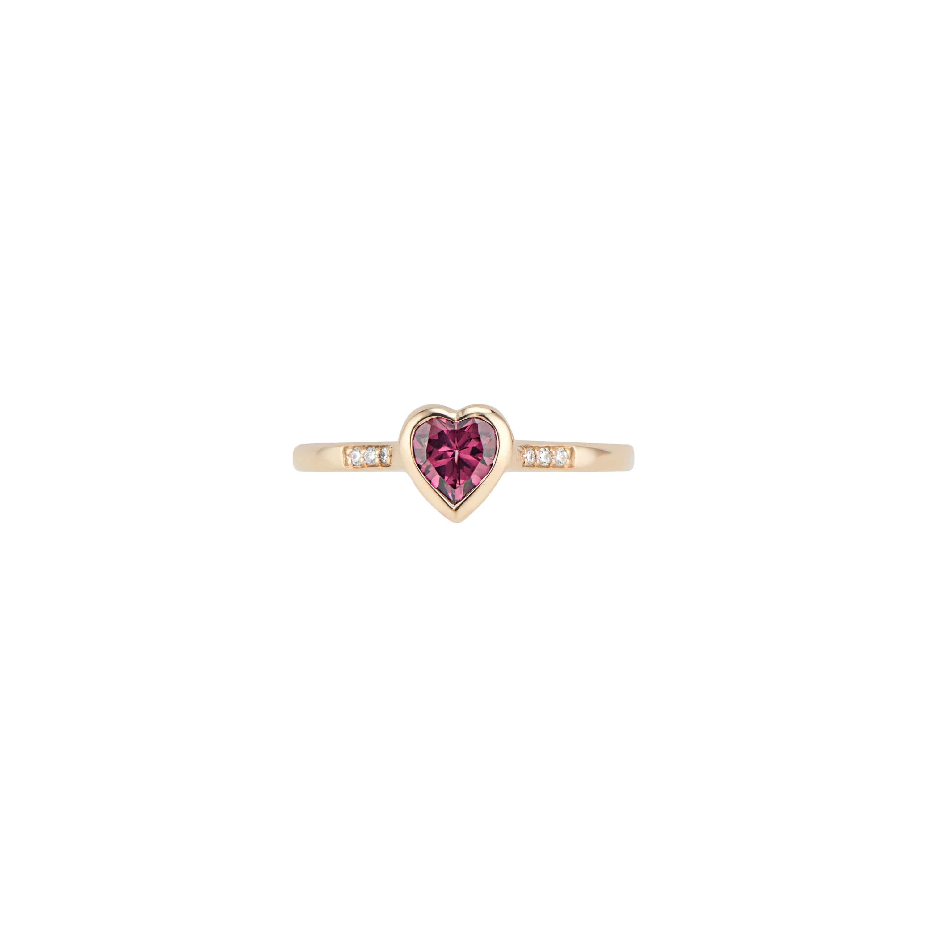 14k Yellow Gold Diamond and Rhodolite Garnet Heart Ring For Sale