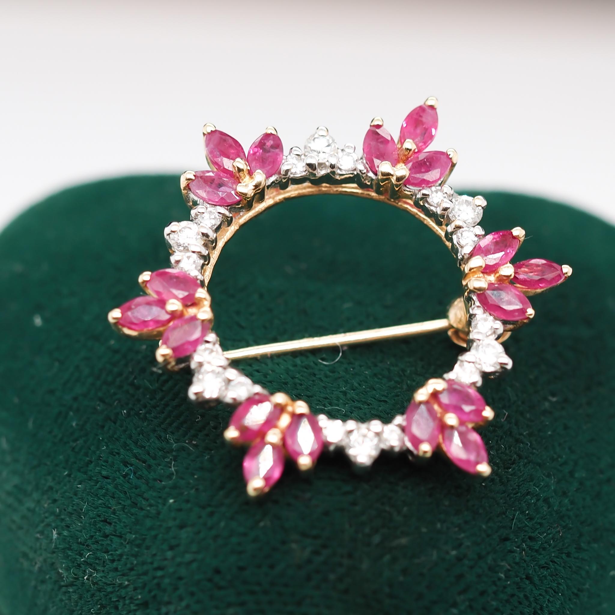 Women's or Men's 14K Yellow Gold Diamond and Ruby Circle Brooch Pin For Sale