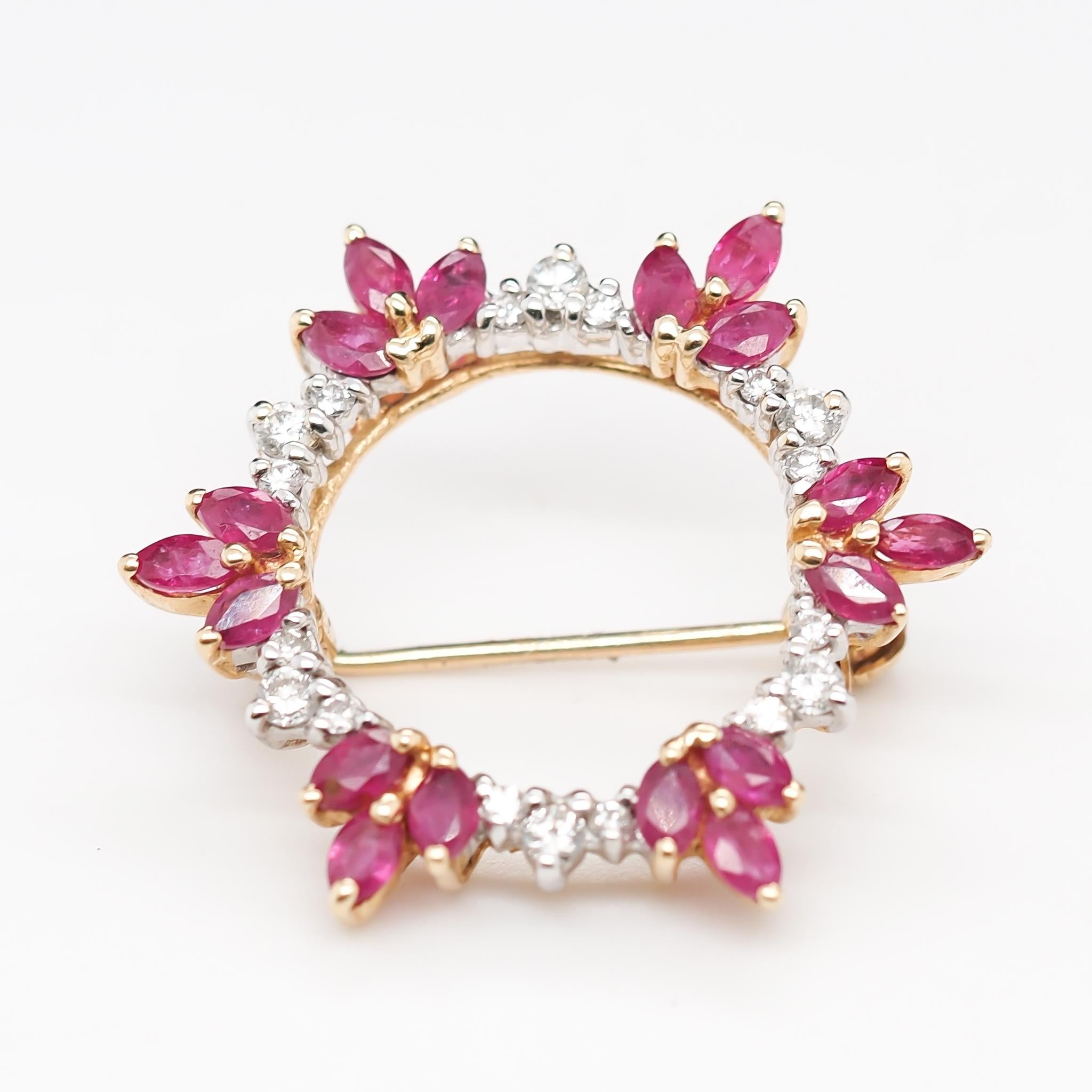 14K Yellow Gold Diamond and Ruby Circle Brooch Pin For Sale 1