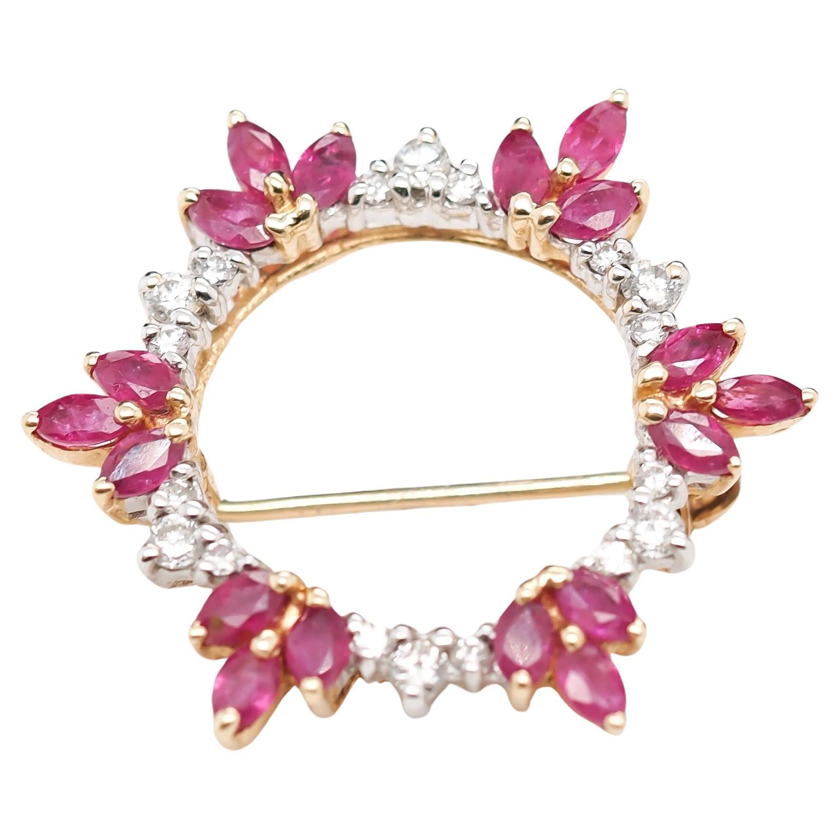 14K Yellow Gold Diamond and Ruby Circle Brooch Pin For Sale