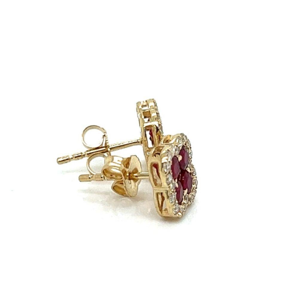 Modern 14K Yellow Gold Diamond and Ruby Clover Earrings  For Sale