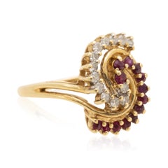 14K Yellow Gold Diamond and Ruby Cluster Cocktail Ring