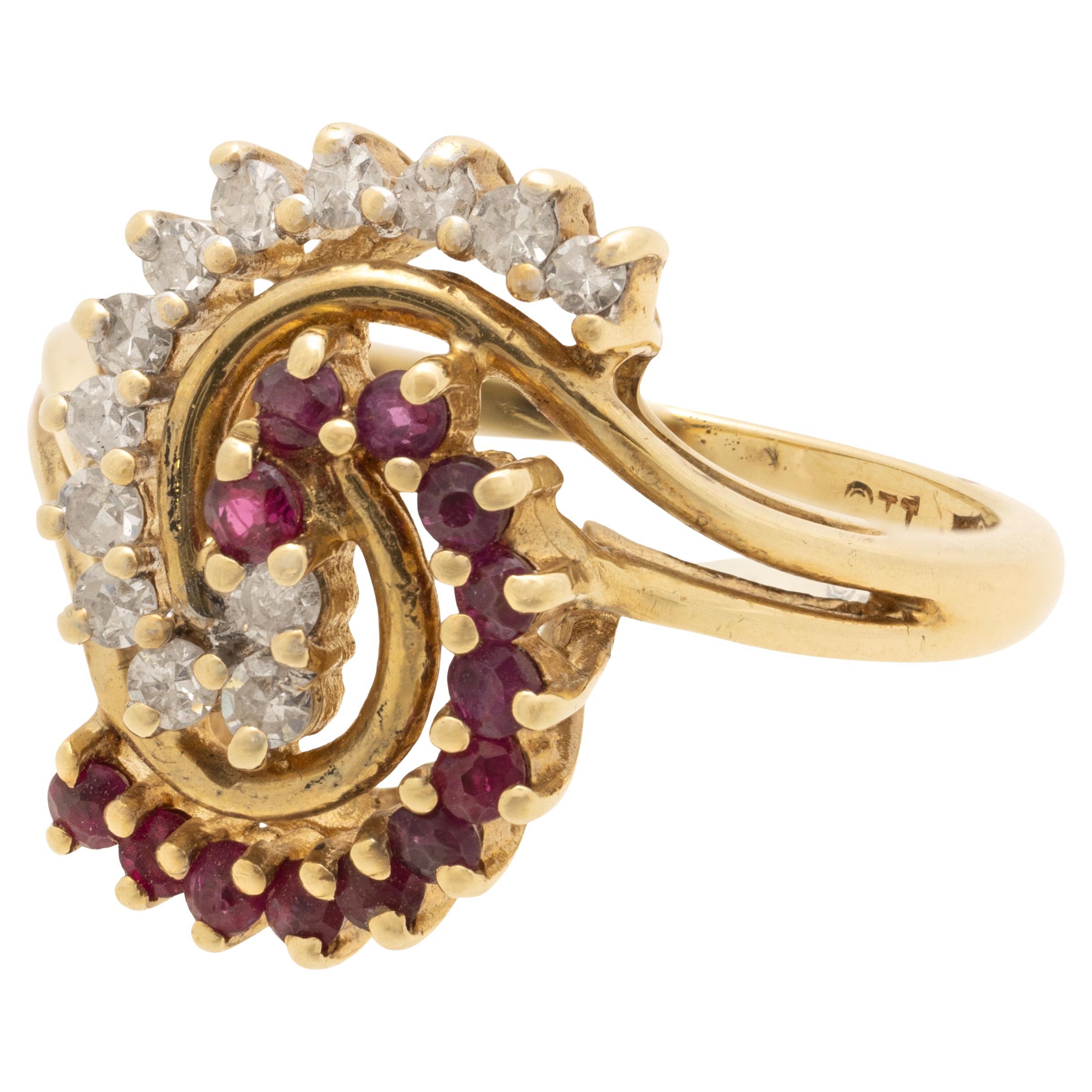 14K Yellow Gold Diamond and Ruby Cluster Cocktail Ring