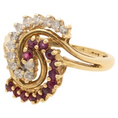 14K Yellow Gold Diamond and Ruby Cluster Cocktail Ring
