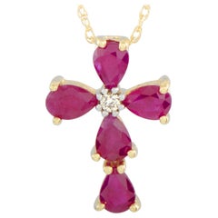 14 Karat Yellow Gold Diamond and Ruby Cross Pendant Necklace