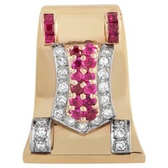 Broche retro de oro amarillo de 14 quilates con diamantes y rubíes