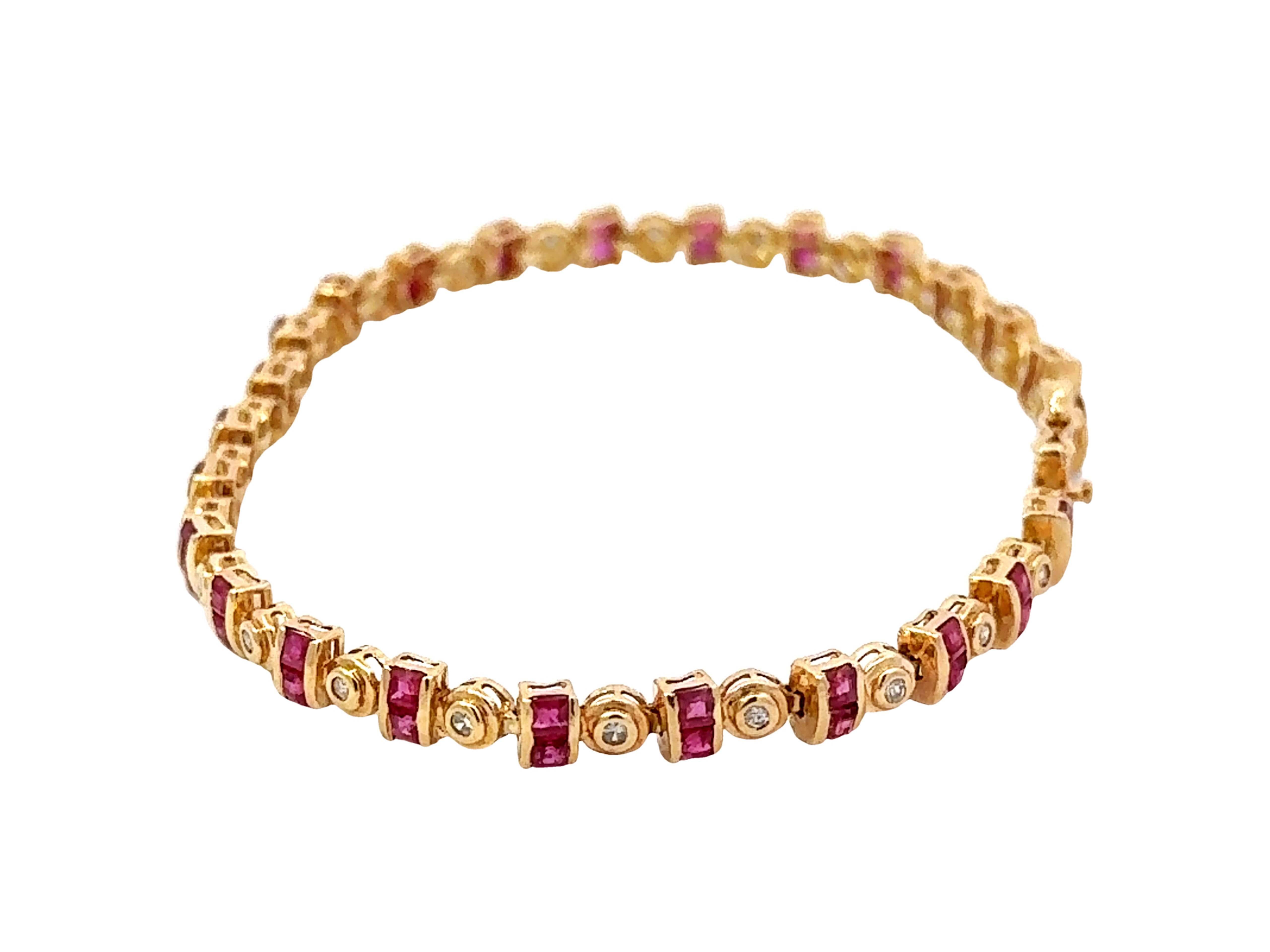 Brilliant Cut 14k Yellow Gold Diamond and Ruby Tennis Bracelet For Sale