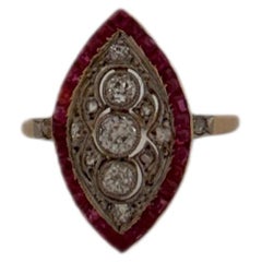 14K Yellow Gold Diamond and Ruby Vintage Art Deco Ring 1900s