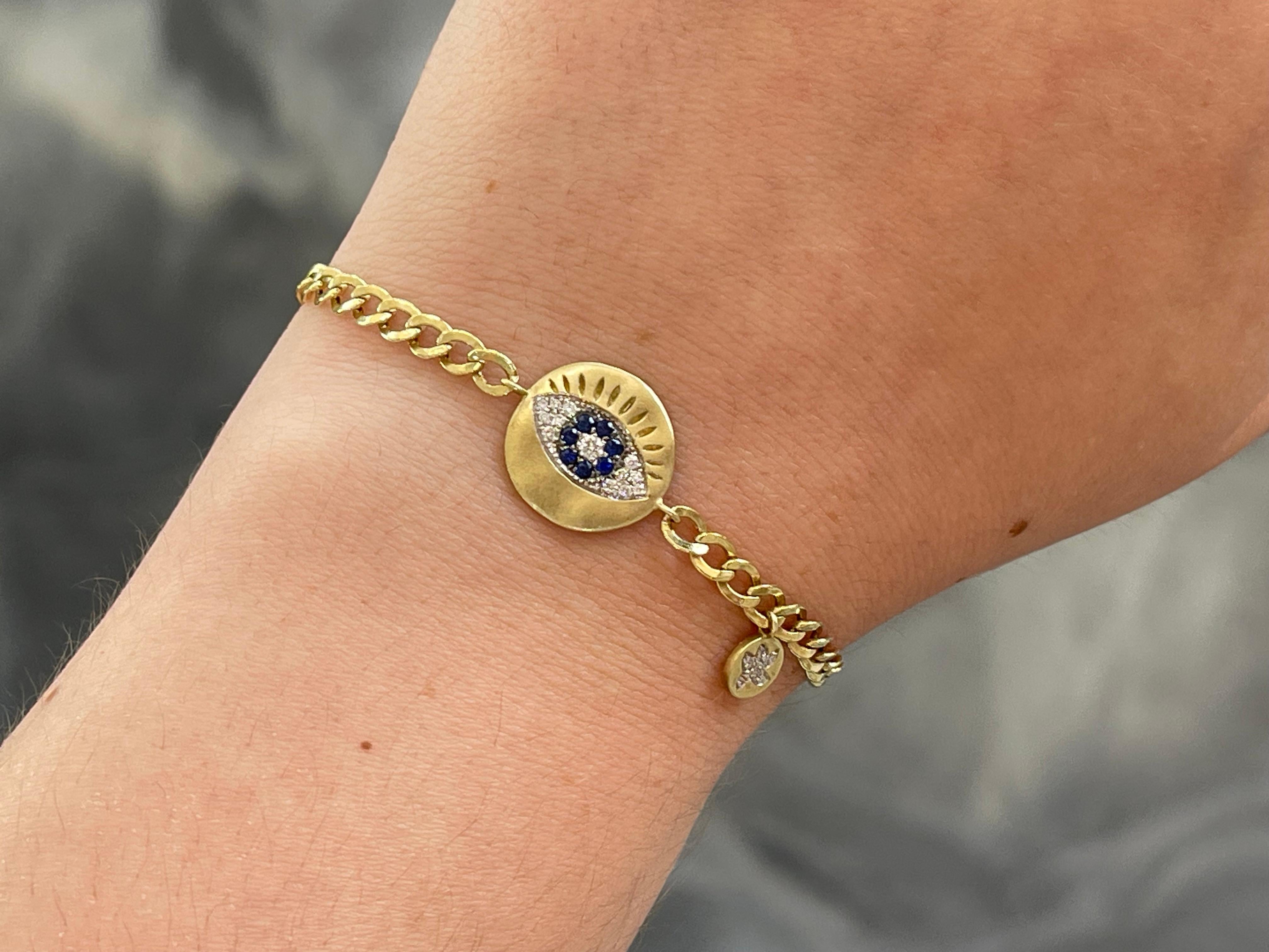 Women's 14K Yellow Gold Diamond and Sapphire Evil Eye Bracelet For Sale
