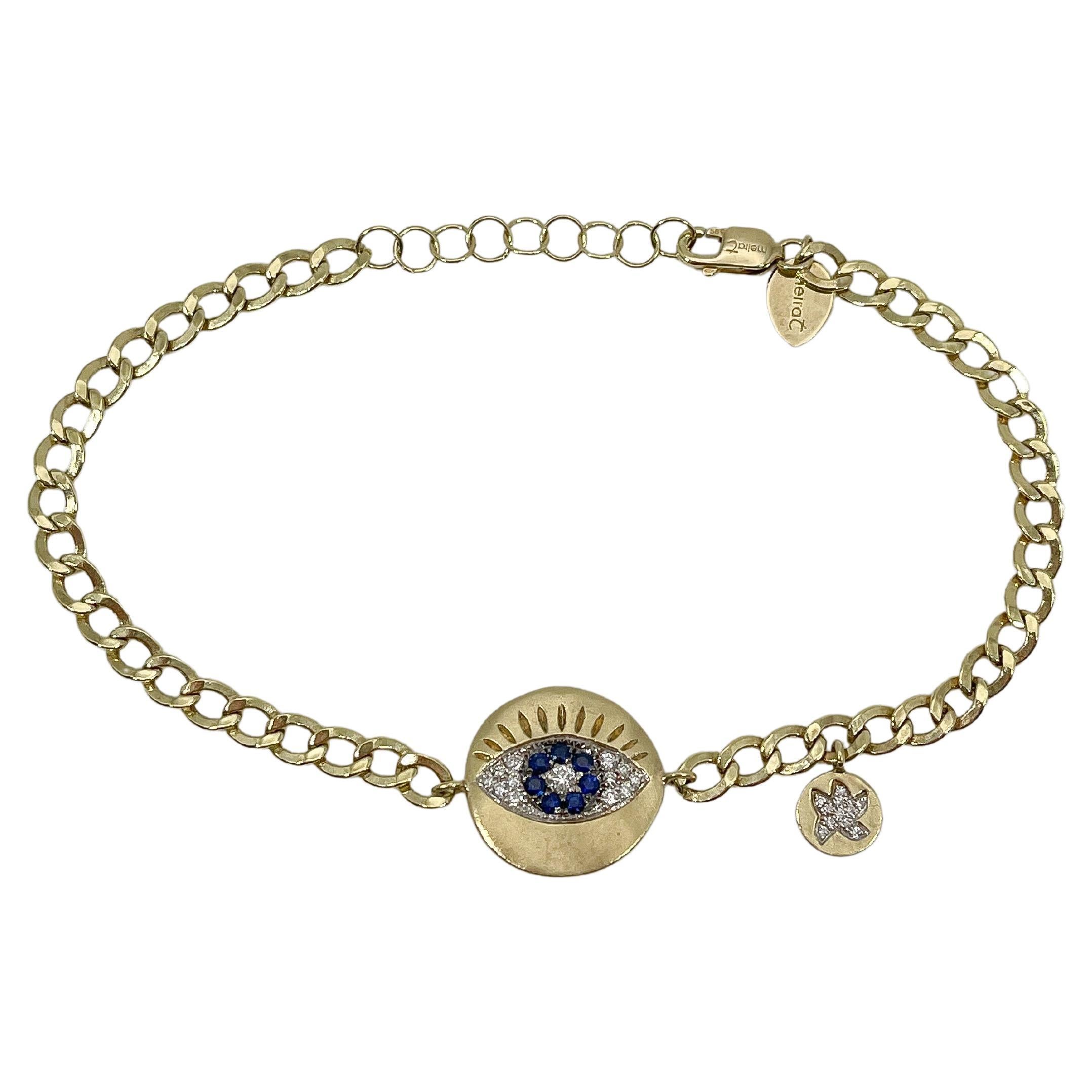 14K Yellow Gold Diamond and Sapphire Evil Eye Bracelet For Sale