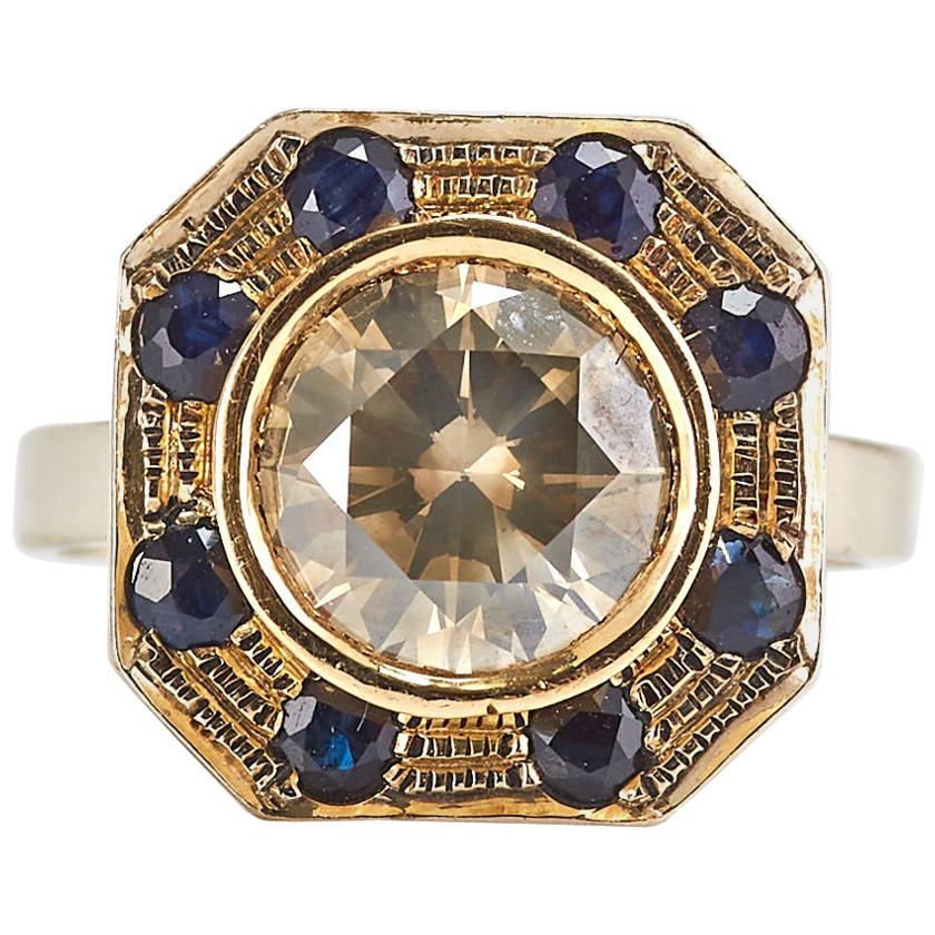 14k Yellow Gold Diamond and Sapphire Ring For Sale