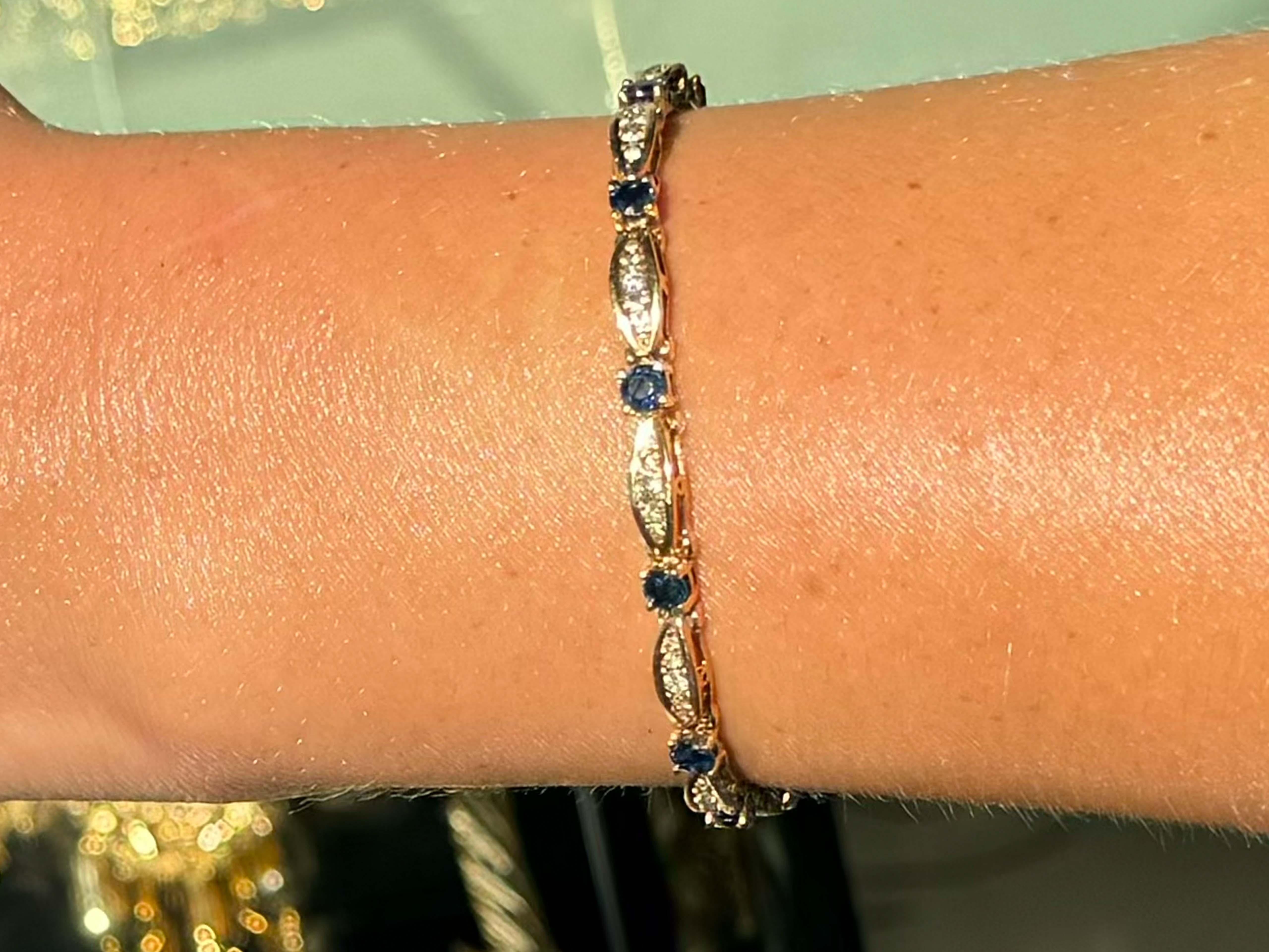 Bracelet Specifications:

Metal: 14k Yellow Gold

Sapphire Count: 12 round blue sapphires

Sapphire Carat Weight: ~2.50 carats

Diamond Carat Weight: ~ 0.55 carats

Diamond Count: 55 brilliant 

Diamond Color: G-H

Diamond Clarity: VS2-SI2

Bracelet
