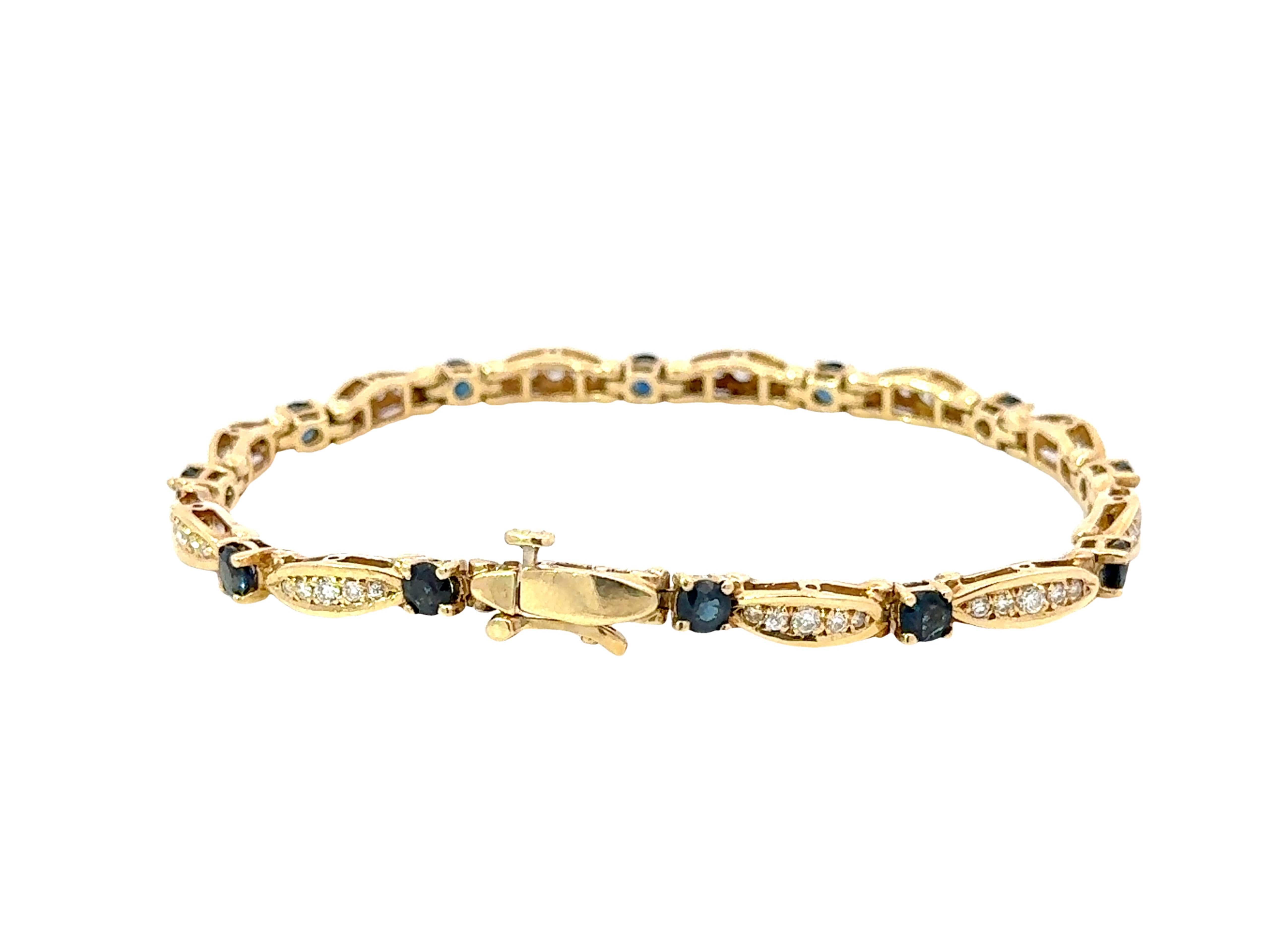 14k Yellow Gold Diamond and Sapphire Tennis Bracelet In Excellent Condition For Sale In Honolulu, HI