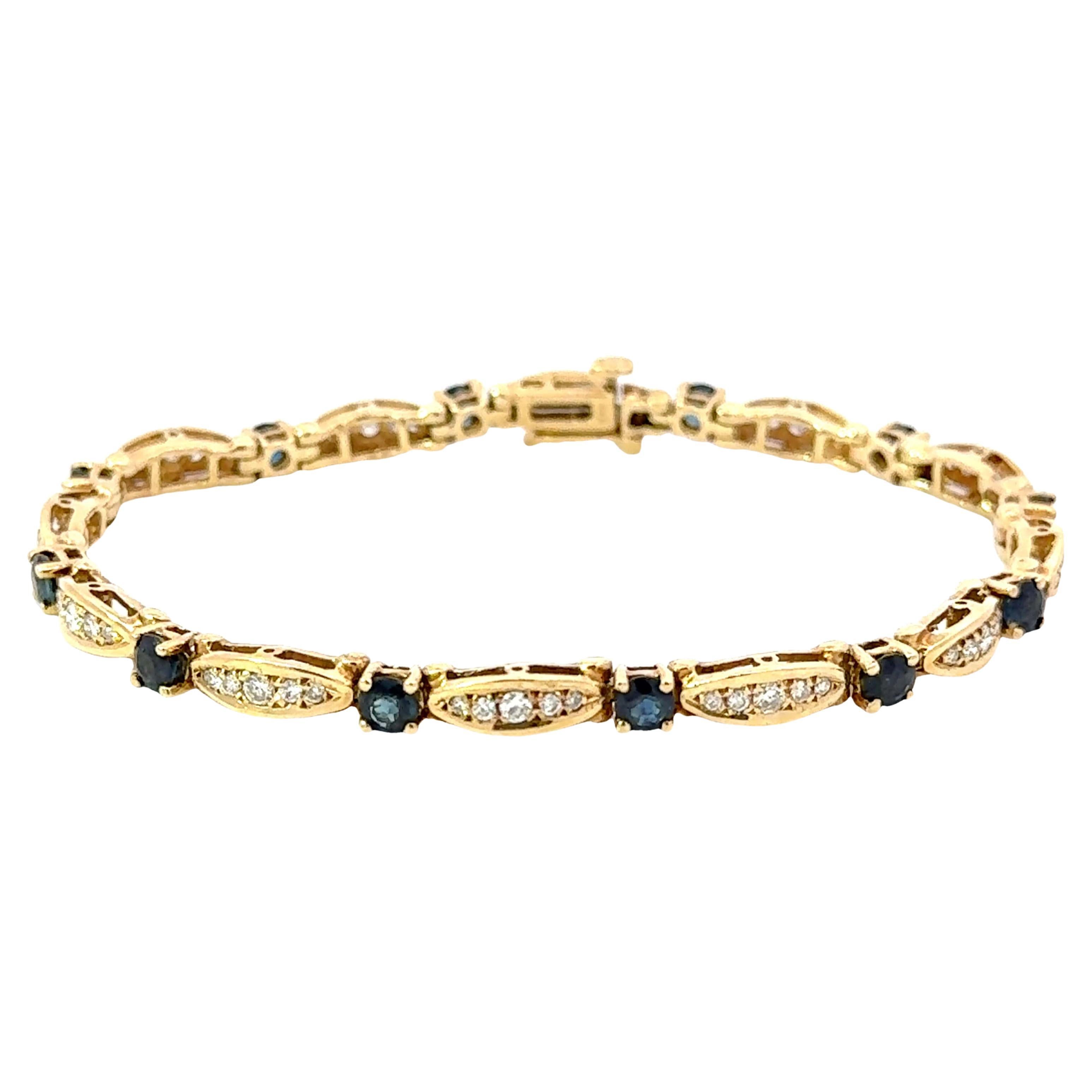 14k Yellow Gold Diamond and Sapphire Tennis Bracelet For Sale